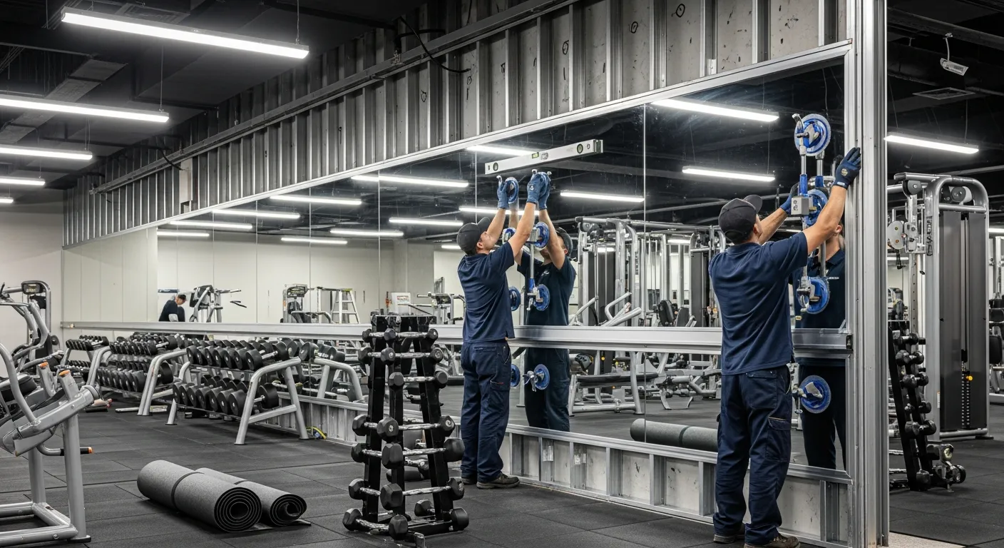 Gương Soi Nên Dày Bao Nhiêu? Chọn Theo Kích Thước Và Vị Trí Lắp 4 Một phòng gym hiện đại với mảng gương lớn ốp tường phía sau khu tạ tay, khung nẹp chân chắc chắn, huấn luyện viên và thợ lắp đặt đang kiểm tra mép gương cường lực dày, sàn cao su chống sốc, ánh sáng trắng rõ nét, không gian thực tế và an toàn