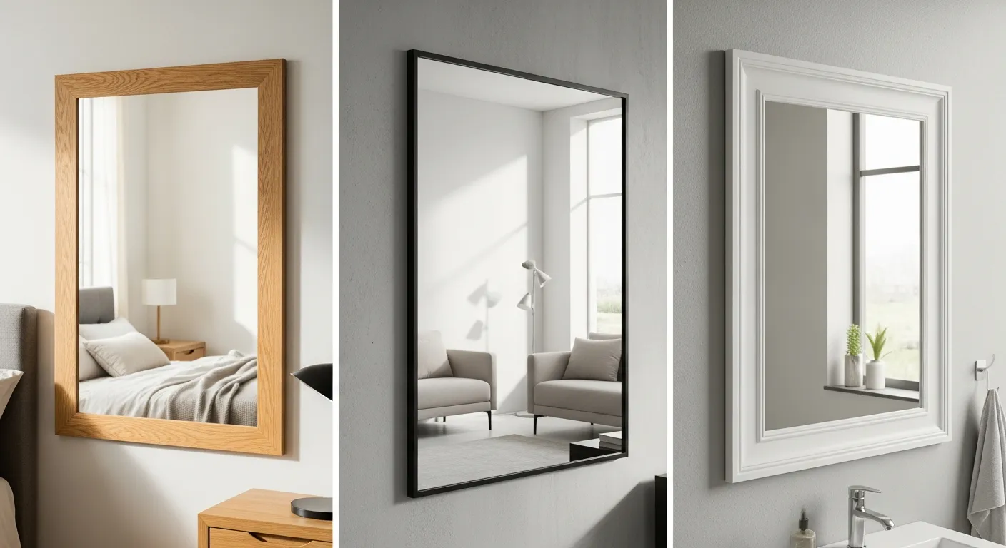 Collage thực tế gồm ba mẫu khung gương treo tường đặt trong không gian nội thất, một khung gỗ tự nhiên vân sồi ấm áp trong phòng ngủ, một khung kim loại màu đen mờ trong phòng khách hiện đại, và một khung nhựa composite phào nổi đặt gần khu vực ẩm, ánh sáng tự nhiên chiếu rõ bề mặt vật liệu và chi tiết góc khung