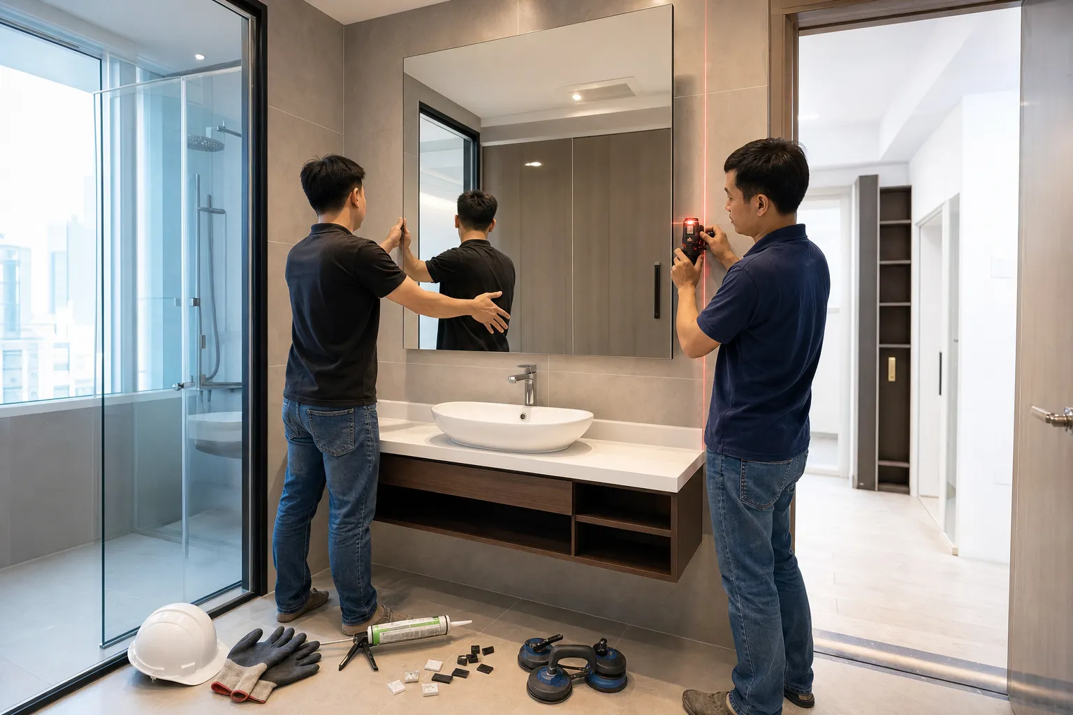 Cắt Gương Soi Theo Yêu Cầu Tại TP.HCM – Gia Công Trực Tiếp Tại Xưởng 4 Đội thợ đang lắp đặt gương soi trong căn hộ tại TP.HCM, một người giữ tấm gương chữ nhật lớn trước tường lavabo, người còn lại dùng thước laser kiểm tra thẳng đứng, nền nhà có dụng cụ bảo hộ, keo chuyên dụng và miếng kê gương, bối cảnh thực tế sạch sẽ