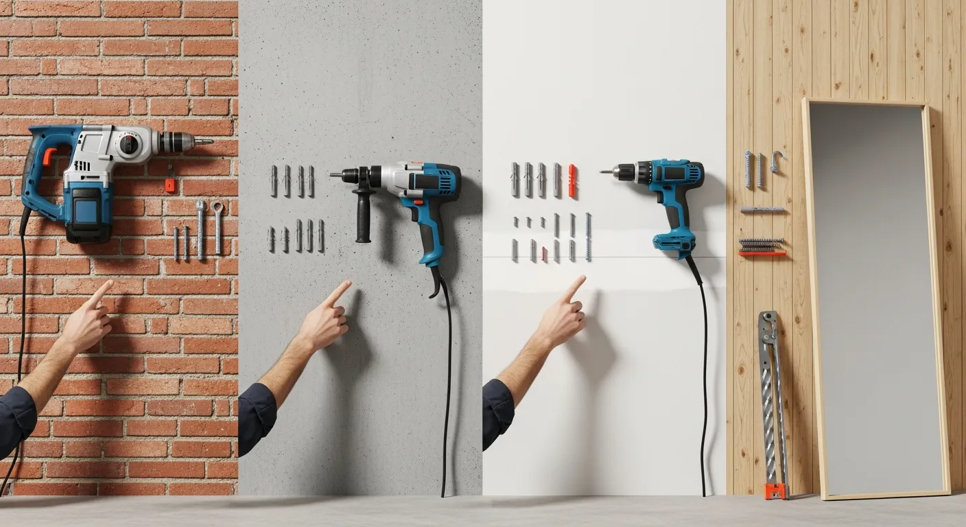 Bốn mẫu tường vật liệu khác nhau đặt cạnh nhau trong một xưởng DIY tường gạch đỏ, tường bê tông xám, tường thạch cao trắng và tường gỗ tự nhiên; trên mỗi bề mặt có dụng cụ khoan, mũi khoan và phụ kiện nở vít khác nhau dùng để lắp gương soi toàn thân, bàn tay người thợ đang chỉ vào từng loại tường để giải thích cách thi công phù hợp