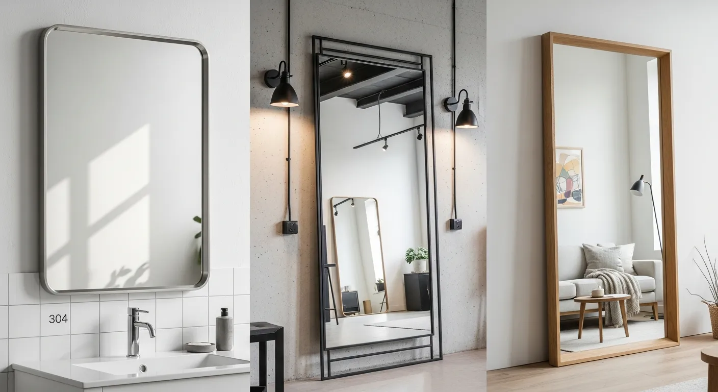 Gương Soi Được Làm Từ Gì? Bố cục trưng bày thực tế nhiều mẫu gương trong xưởng hoặc showroom gồm khung inox 304 sáng mờ cho phòng tắm, khung thép sơn tĩnh điện màu đen phong cách công nghiệp, khung gỗ sồi màu ấm cho không gian Bắc Âu, mỗi mẫu đặt trong bối cảnh nội thất khác nhau để thấy rõ vật liệu và ứng dụng