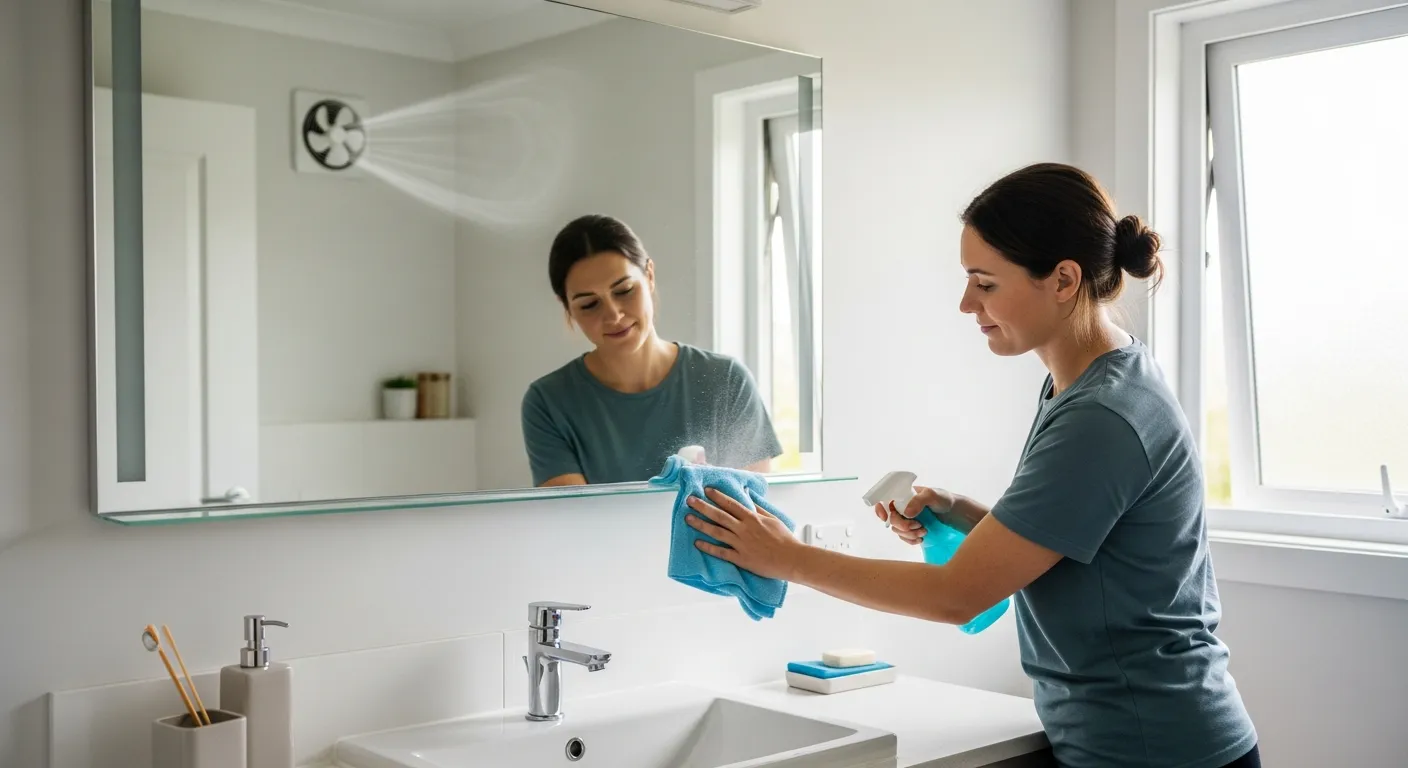 Phòng tắm sạch sẽ có quạt thông gió đang hoạt động, Gương Bị Đốm Đen treo trên lavabo với mép được lau khô bằng khăn mềm, cửa sổ mở hé, bề mặt tường khô ráo, người dùng đang xịt dung dịch vào khăn thay vì xịt trực tiếp lên gương, khung cảnh gia đình thực tế và sáng sủa