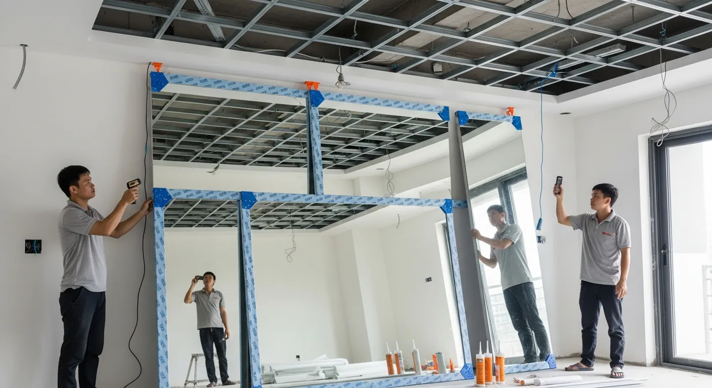 Thi Công Gương Trần An Toàn Và Báo Giá Gia Công Tại Xưởng 1 Cảnh thực tế một đội thợ nội thất đang khảo sát trần nhà để lắp gương, trần mở lộ hệ khung xương kim loại, các tấm gương đặt cạnh tường, một người dùng thước đo laser đo cao độ, ánh sáng công trình trung tính, không gian nhà ở đang hoàn thiện, thể hiện rõ kết cấu trần, nẹp, vật tư và bề mặt gương phản chiếu
