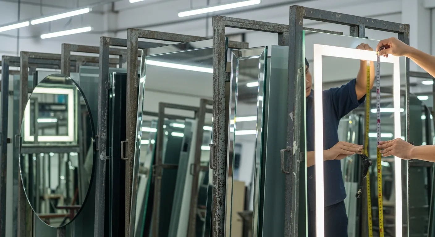 Cảnh cận cảnh trong xưởng kính tại Việt Nam, nhiều tấm gương dựng trên giá đỡ, thợ đang đo kích thước bằng thước thép và kiểm tra bề mặt phản chiếu dưới ánh sáng trắng, có mẫu gương tròn, chữ nhật, gương viền mài vát và một gương gắn đèn LED tích hợp, không có chữ hay bảng biểu, phong cách ảnh thực tế, chi tiết vật liệu kính rõ nét