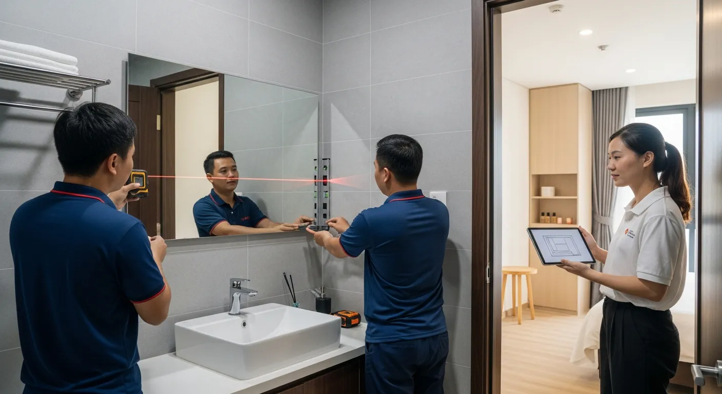 Nhân viên đo đạc gương tại nhà ở phường Tân Thuận Tây, dùng thước laser đo chiều ngang tường lavabo, một người khác cầm máy cân mực, chủ nhà đứng xem bản phác thảo trên máy tính bảng, không gian căn hộ hiện đại tại Sài Gòn với ánh sáng tự nhiên và tường ốp gạch xám