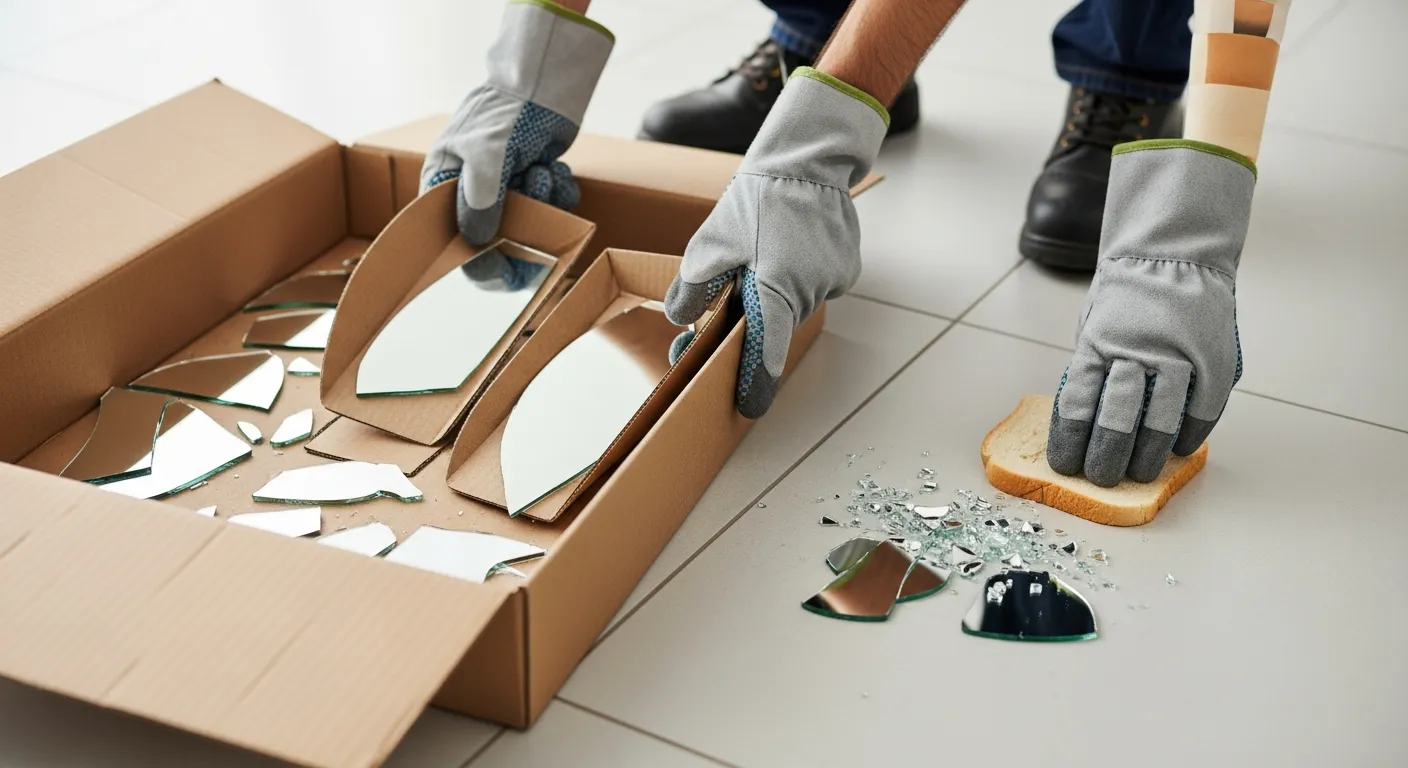Gương Bị Nứt, Vỡ Có Sửa Được Không? Cách Xử Lý An Toàn 3 Gương Bị Nứt, Cảnh dọn mảnh gương vỡ trên sàn gạch sáng màu một người mang găng tay dày, giày đế cứng và kính mắt đang dùng hai tấm bìa cứng để xúc mảnh gương lớn vào hộp carton, gần đó có lát bánh mì dùng để chạm lên các mảnh vụn li ti, ánh sáng trong nhà rõ ràng, phong cách ảnh thực tế