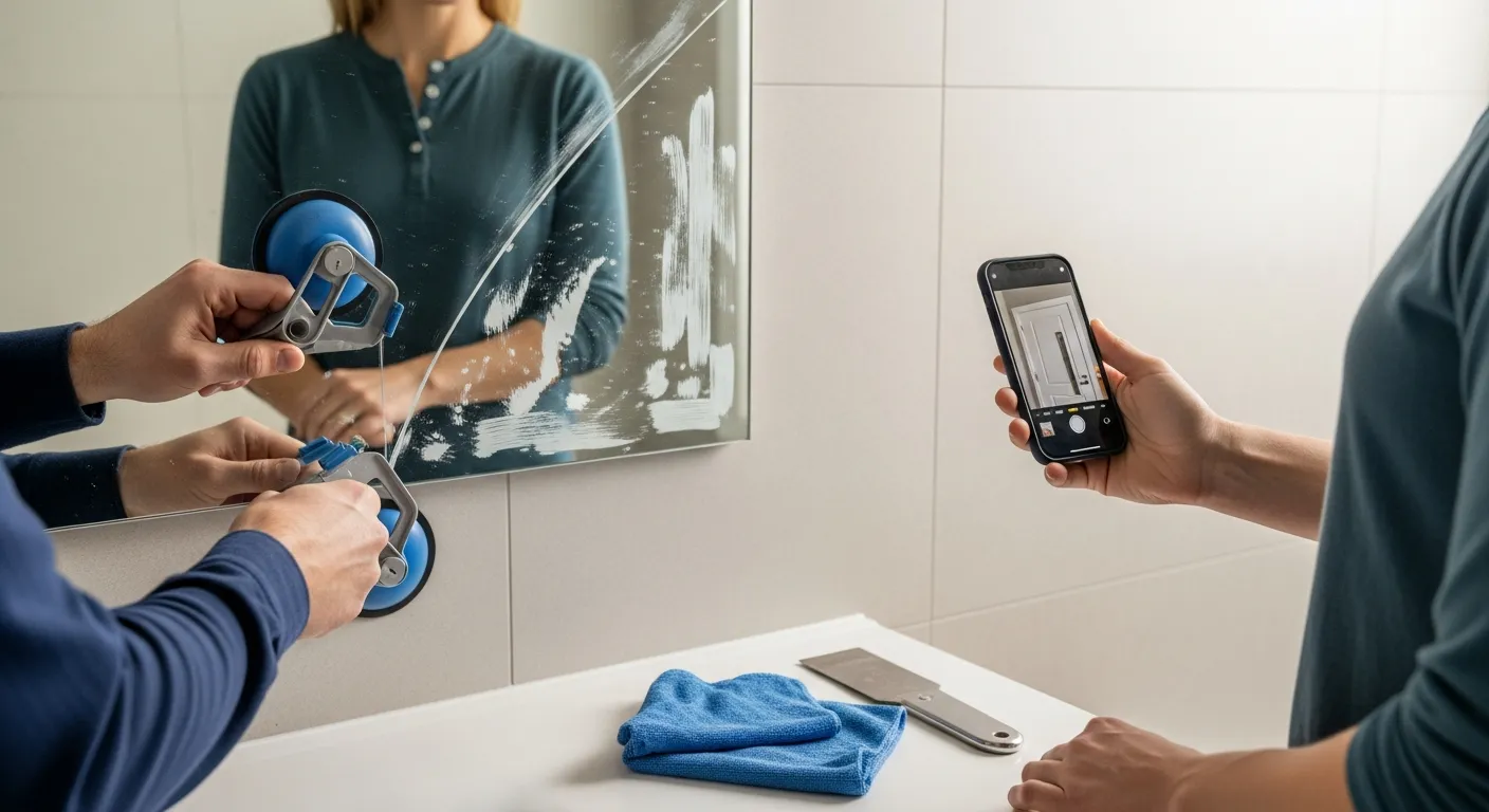 Gương Soi Bị Méo Hình Do Đâu? Cách Kiểm Tra Trước Khi Nhận Hàng 4 Gương Soi Bị Méo Cảnh thực tế trong phòng tắm đang sửa chữa, một người thợ cẩn thận tháo tấm gương khỏi tường bằng dụng cụ hút kính, mặt sau lộ các vệt keo cũ không đều, bên cạnh là khăn lau và dao cạo keo, chủ nhà đứng quan sát với điện thoại đang mở video ghi lại phản chiếu khung cửa trước khi tháo
