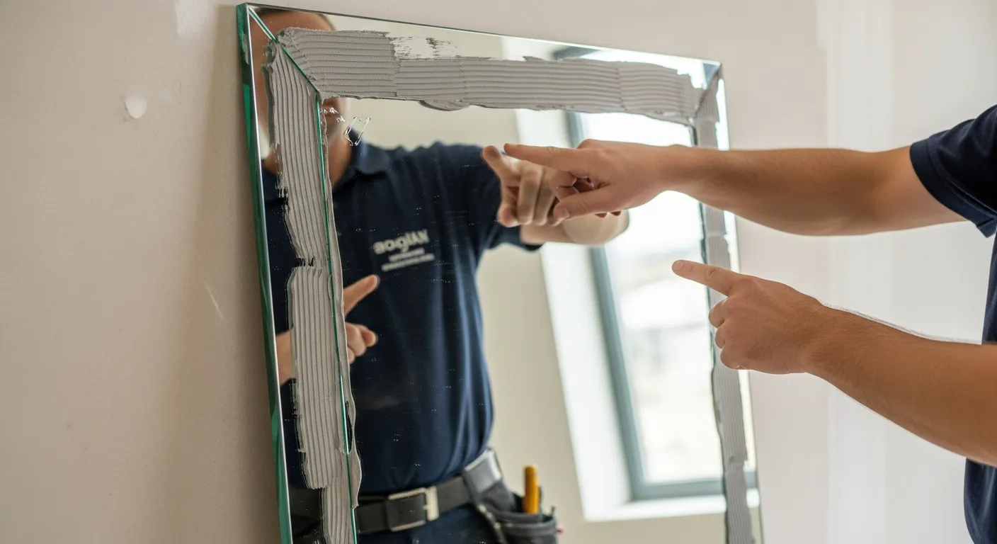 Gương Soi Bị Méo Hình Do Đâu? Cách Kiểm Tra Trước Khi Nhận Hàng 2 Gương Soi Bị Méo Cảnh cận cảnh kỹ thuật tại công trường nội thất, một tấm gương chưa lắp hoàn thiện được đặt cạnh bức tường hơi gồ ghề, các mảng keo dán phía sau phân bố không đều, một góc khung gương kim loại bị siết chặt làm mặt gương hơi cong, người thợ lắp đặt đang chỉ tay vào các điểm tì và giải thích cơ chế gây méo hình