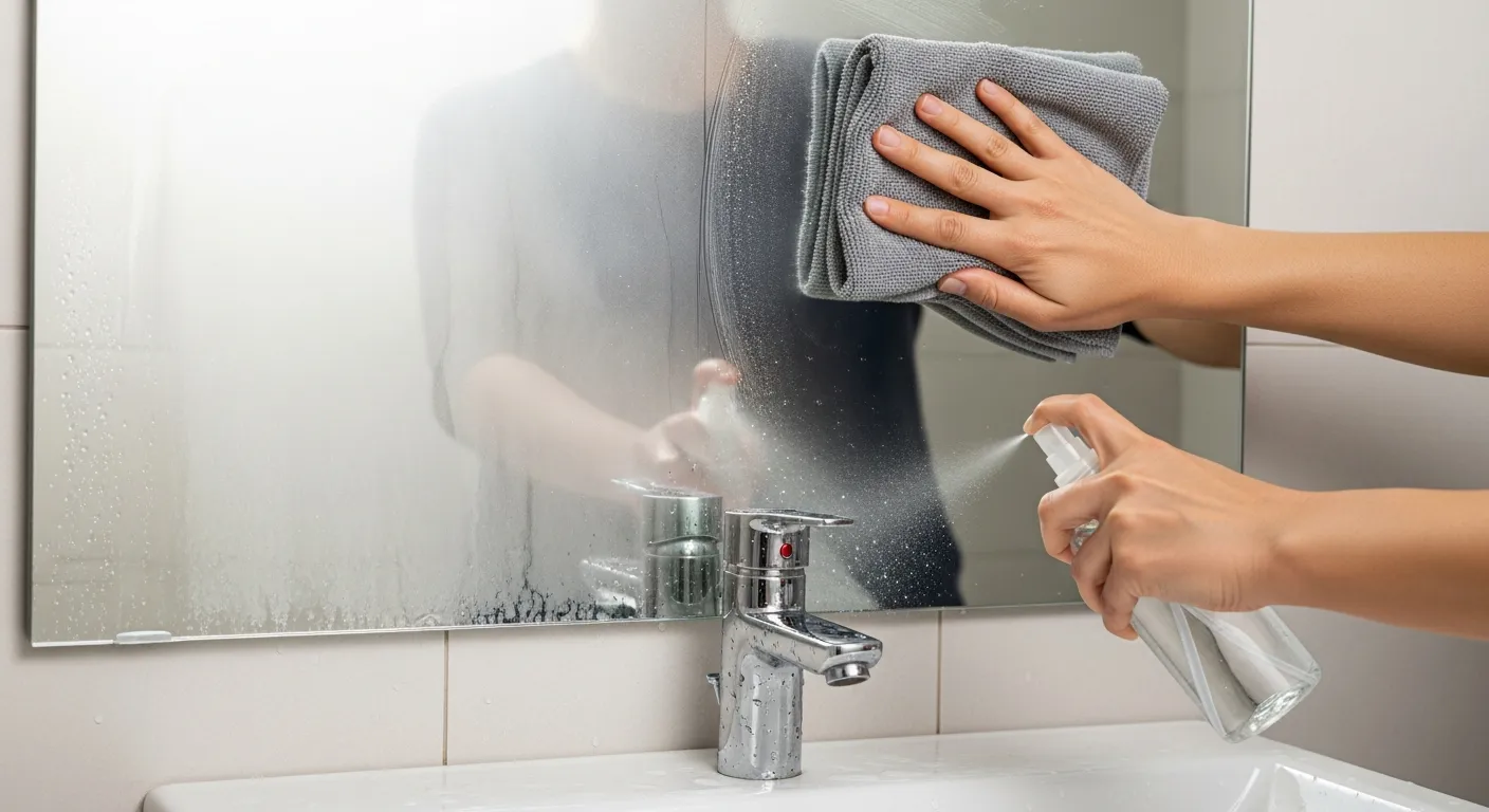 Gương Soi Bị Mờ Cảnh thực tế trong phòng tắm sau khi tắm nước nóng, một nửa gương phủ hơi nước mờ đục, nửa còn lại đã được lau sạch; một người dùng khăn microfiber màu xám lau gương bằng tay phải, tay trái cầm chai xịt nhỏ chứa dung dịch tự pha, có giọt nước trên lavabo, ánh sáng trắng trung tính, chi tiết chân thực