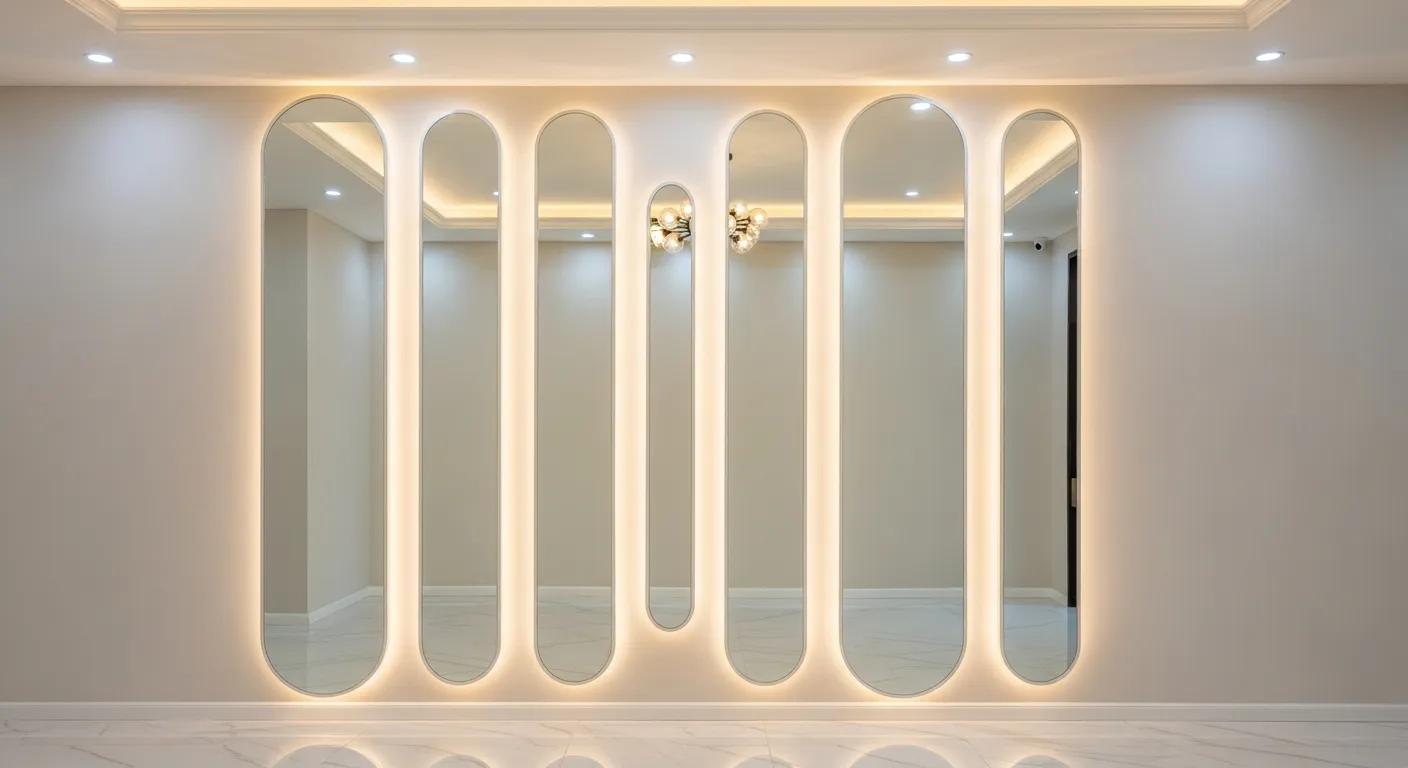 Mảng tường gương trang trí thực tế tại Trần Xuân Soạn, phường Tân Thuận Tây TP.HCM gồm nhiều tấm gương oval bo tròn hai đầu gắn đèn LED hắt sáng viền ấm, lắp trên tường màu kem, sàn đá marble bóng phản chiếu ánh đèn, phào trần và đèn âm trần, không gian căn hộ hiện đại sang trọng, ảnh chụp sắc nét không người