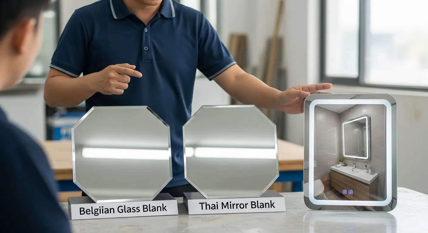Ảnh chụp cận cảnh trên bàn xưởng kính tại Hố Nai, hai mẫu gương cắt cạnh đặt song song, một mẫu phôi Bỉ và một mẫu phôi Thái, thể hiện rõ độ trong, lớp tráng phía sau, cạnh mài bóng, bên cạnh là một gương LED cảm ứng hình chữ nhật đang phát sáng ánh sáng trắng 4000K và một gương chống ố trong nhà vệ sinh mẫu, có thợ đang chỉ tay tư vấn