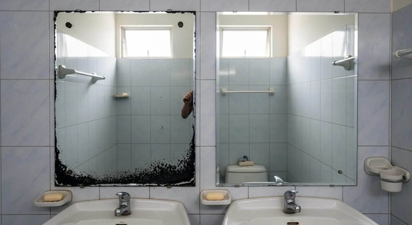 Cảnh thực tế trong một nhà vệ sinh gia đình tại Đồng Nai, hai tấm gương treo cạnh nhau để so sánh, bên trái là gương thường đã bị ố đen ở mép dưới và góc sau khoảng một năm sử dụng, bề mặt có vệt mờ do hơi ẩm, bên phải là gương phôi Bỉ còn sáng rõ, mép sạch, ánh phản chiếu trung thực, nền là tường gạch sáng màu, lavabo sứ trắng, ánh sáng tự nhiên nhẹ từ ô thông gió