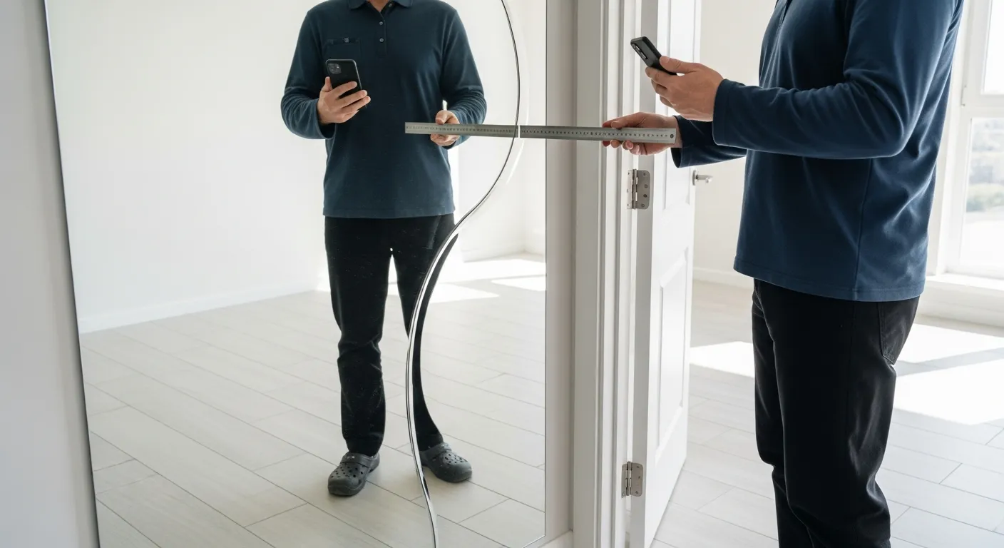 Gương Soi Bị Méo Hình Do Đâu? Cách Kiểm Tra Trước Khi Nhận Hàng 1 Gương Soi Bị Méo Cảnh thực tế trong một căn hộ đang hoàn thiện nội thất, một người dùng cầm điện thoại và thước kẻ kim loại đứng trước tấm gương lớn treo tường, nghiêng nhẹ để kiểm tra phản chiếu của cạnh thẳng, bên cạnh là khung cửa màu trắng và nền gạch có đường ron thẳng, ánh sáng tự nhiên từ cửa sổ chiếu vào giúp thấy rõ sự khác biệt giữa vùng phản chiếu phẳng và vùng phản chiếu hơi gợn sóng
