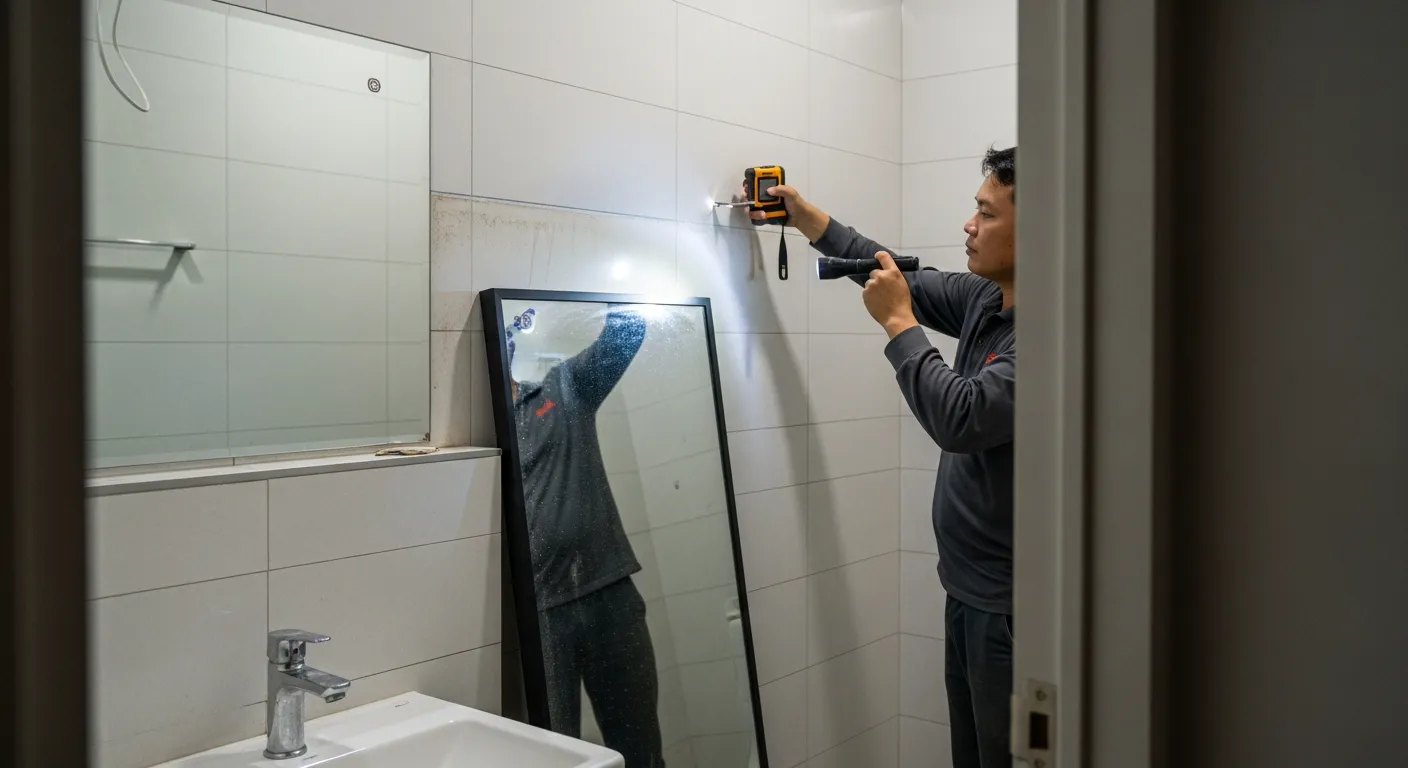 Kỹ thuật viên đang kiểm tra một bức tường nhà vệ sinh ẩm tại căn hộ ở Quận 7, bề mặt ốp gạch men màu sáng, dùng máy đo laser và đèn pin soi mép tường, bên cạnh là gương chưa lắp đặt, không gian hẹp kiểu căn hộ TP.HCM với cửa mở sát lavabo và đường ron gạch rõ nét
