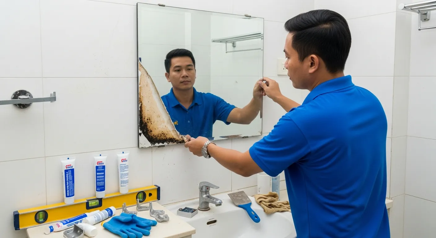 Cảnh thực tế trong một nhà vệ sinh căn hộ tại Phường Phước Long, thợ đang tháo một tấm gương cũ bị ố cạnh và mốc đen ở góc dưới, tường phía sau có dấu hiệu ẩm nhẹ và không phẳng, bên cạnh là dụng cụ cân bằng, keo silicon trung tính, nẹp đỡ gương, ánh sáng trắng rõ chi tiết, phong cách ảnh công trình thực tế, không dàn dựng