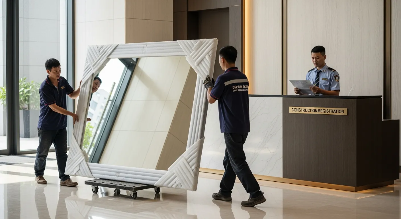 Đội thợ thi công gương đang vận chuyển một tấm gương lớn bọc bảo vệ vào sảnh căn hộ cao cấp tại An Phú, TP.HCM, có quầy lễ tân, bảo vệ kiểm tra phiếu đăng ký thi công, xe đẩy chuyên dụng, không gian sạch sẽ, ánh sáng tự nhiên, bối cảnh thực tế của chung cư hiện đại