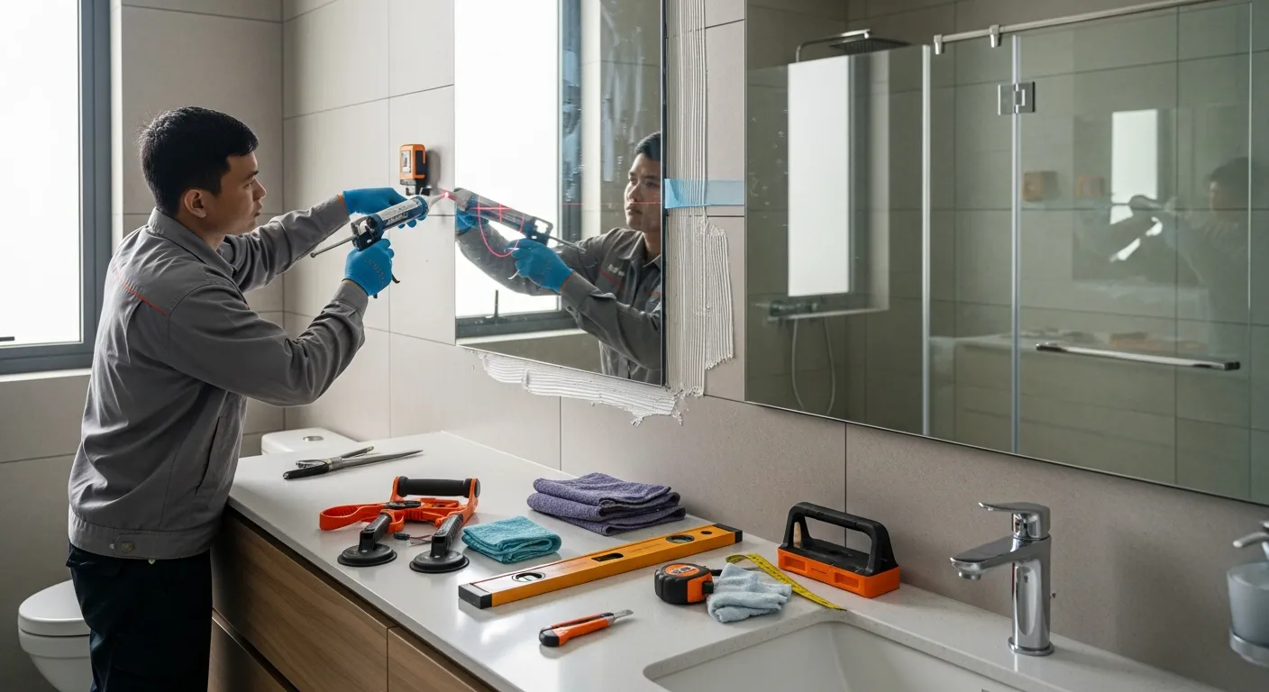 Thợ thi công gương chuyên nghiệp trong phòng tắm căn hộ đang dùng máy đo laser, bơm keo silicone trung tính lên mặt sau gương, dán film an toàn, đeo găng tay chống cắt, khu vực làm việc sạch và có dụng cụ chuyên dụng đặt gọn gàng