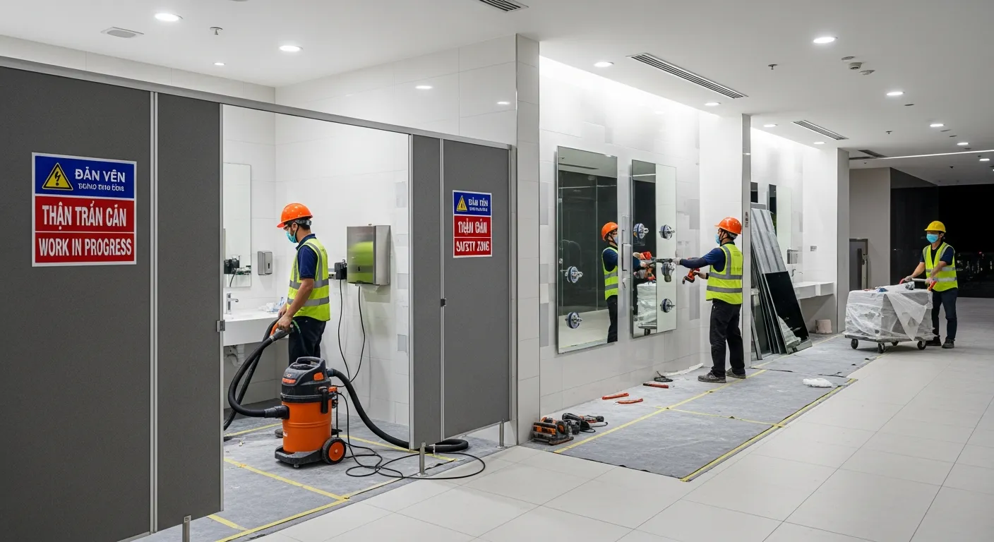 Đội thi công ban đêm trong nhà vệ sinh trung tâm thương mại, khu vực được quây bằng vách ngăn di động có biển báo an toàn song ngữ, sàn phủ tấm lót bảo vệ, kỹ thuật viên dùng máy hút bụi công nghiệp cạnh máy khoan, xe đẩy vật tư đi theo hành lang dịch vụ, ánh sáng trắng rõ nét, không gian sạch và có tổ chức