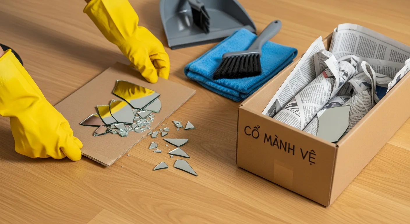 Gương Soi Bị Xước, Cảnh thực tế trong nhà một người đang xử lý gương vỡ an toàn đeo găng tay dày, dùng bìa cứng gom các mảnh kính từ sàn, các mảnh nhỏ được quấn nhiều lớp giấy báo và cho vào thùng carton có dán nhãn viết tay CÓ MẢNH VỠ, cạnh đó là khăn vi sợi và chổi hót nhỏ, không gian sạch sẽ, ánh sáng rõ để thấy quy trình an toàn và có trách nhiệm