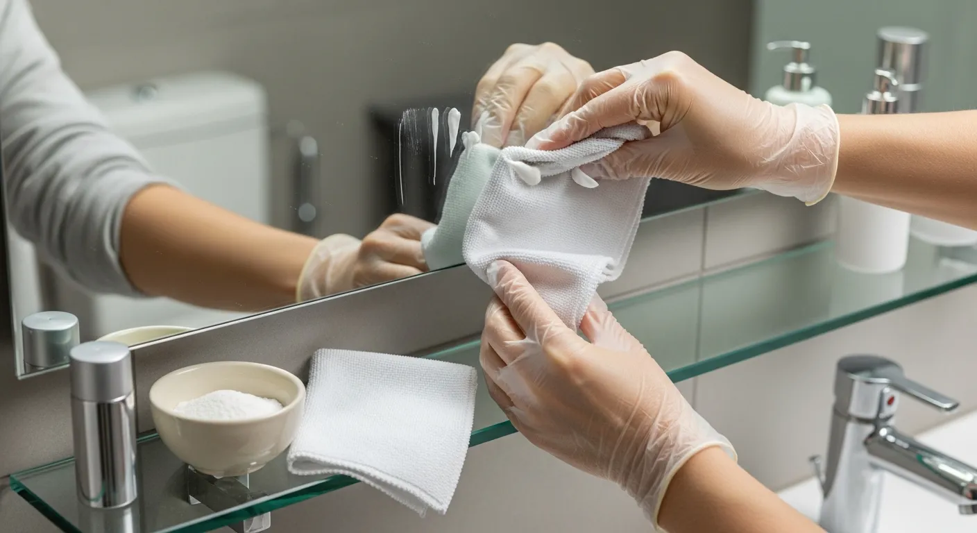 Gương Soi Bị Xước, Cảnh thực tế một người đang tự xử lý vết xước nhẹ trên gương phòng tắm treo tường, tay đeo găng cầm khăn vi sợi trắng chấm một lượng nhỏ kem đánh răng màu trắng và một khăn khác đặt cạnh bát nhỏ chứa hỗn hợp baking soda, trên kệ còn có lọ xi đánh bóng kim loại, ánh sáng phòng tắm trung tính làm nổi rõ một vết xước mảnh và vùng đã được lau mờ hơn, phong cách chân thực không dàn dựng quá mức