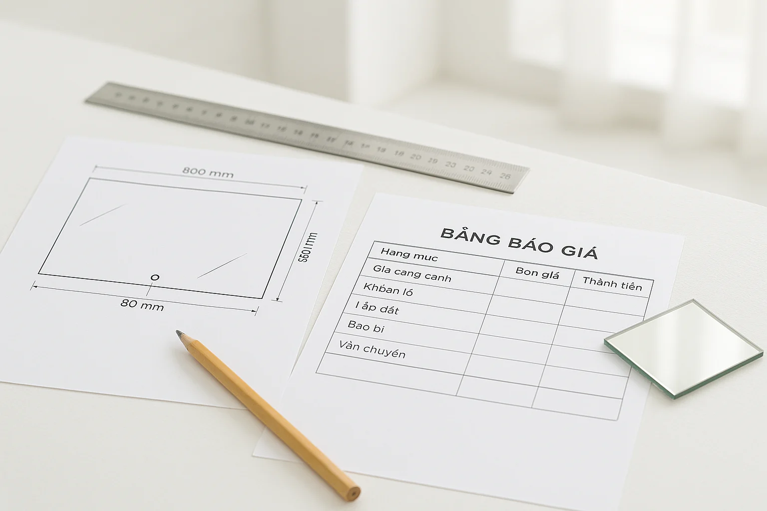 Ảnh chụp sáng rõ trên bàn làm việc của xưởng gia công gương, có bộ hồ sơ in gồm bản vẽ kích thước tấm gương, bảng cấu trúc hạng mục báo giá đã che thông tin giá và tên khách, các dòng tách riêng phần gương, gia công cạnh, khoan lỗ, lắp đặt, bao bì và vận chuyển, bên cạnh là thước thép, bút chì, mẫu gương nhỏ đặt ngay ngắn, ánh sáng ban ngày tự nhiên, khung cảnh thực tế và gọn gàng