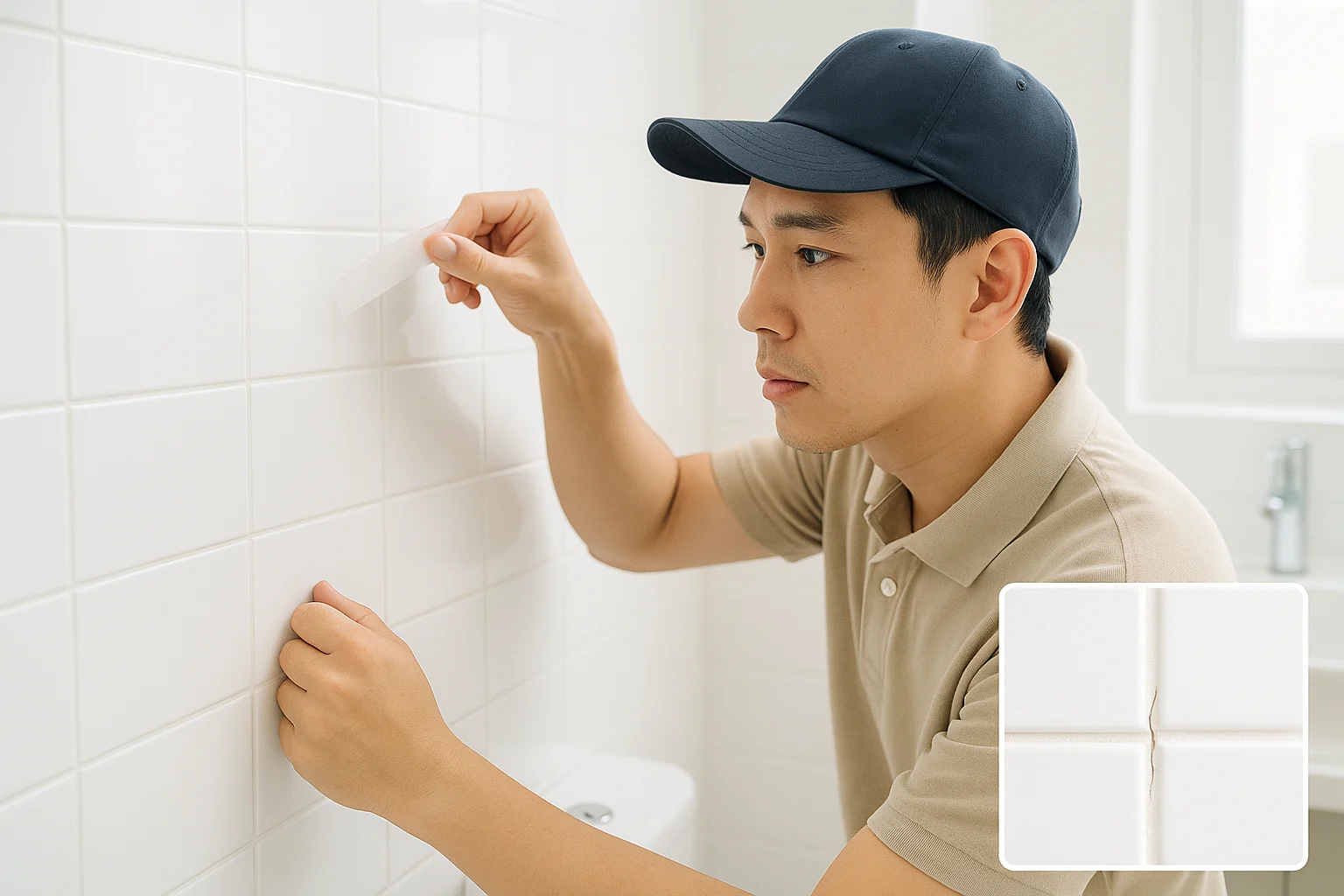 Ảnh chụp sáng rõ một người thợ đang kiểm tra tường gạch men trong nhà vệ sinh: một tay gõ nhẹ lên viên gạch bằng khớp ngón tay, một vùng khác được dán miếng băng dính trong rồi kéo lên để kiểm tra bụi bẩn bám theo, gần đó là mạch gạch được chụp cận cảnh cho thấy một khe nứt nhỏ; bối cảnh sạch sẽ, đời thường, tập trung vào thao tác kiểm tra tại chỗ