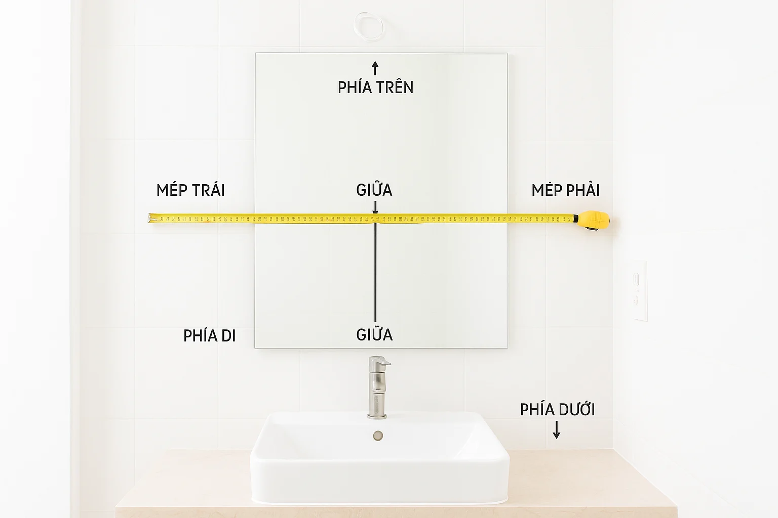 Ảnh chụp sáng, rõ nét một mảng tường lavabo trong nhà vệ sinh với thước dây đang đo ba điểm ngang và ba điểm dọc, có ghi chú trực quan vị trí mép trái, giữa, mép phải, phía trên, giữa, phía dưới, kèm ổ điện bên hông và dây chờ đèn phía trên, bố cục giống ảnh hướng dẫn thi công thực tế, sạch sẽ, bình thường, không dàn dựng cầu kỳ