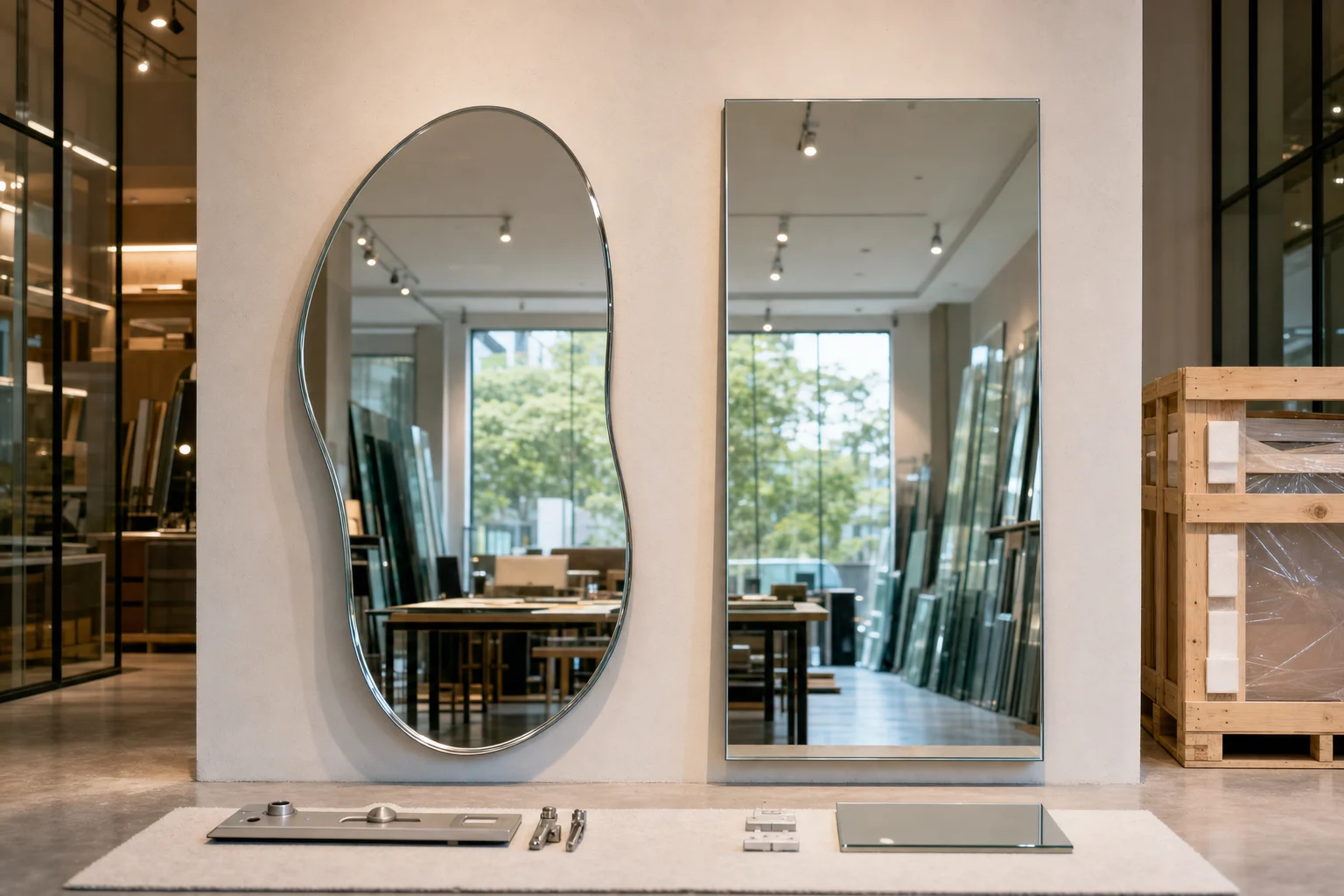 A realistic interior showroom scene in Ho Chi Minh City featuring two mirrors with the same usable reflection area: one organic pebble-shaped mirror and one standard rectangular mirror, placed side by side against a clean wall. Emphasize that the pebble mirror looks more premium through visible production details: polished irregular curved edge, thicker backing, careful bevel finishing, more complex mounting hardware laid subtly nearby, and a custom protective crate in the background. Modern workshop-showroom hybrid setting, glass and mirror materials only, soft natural daylight mixed with warm indoor lighting, neutral minimalist decor, high-detail reflections, eye-level camera angle, photorealistic, no text, no logo, no identifiable people.