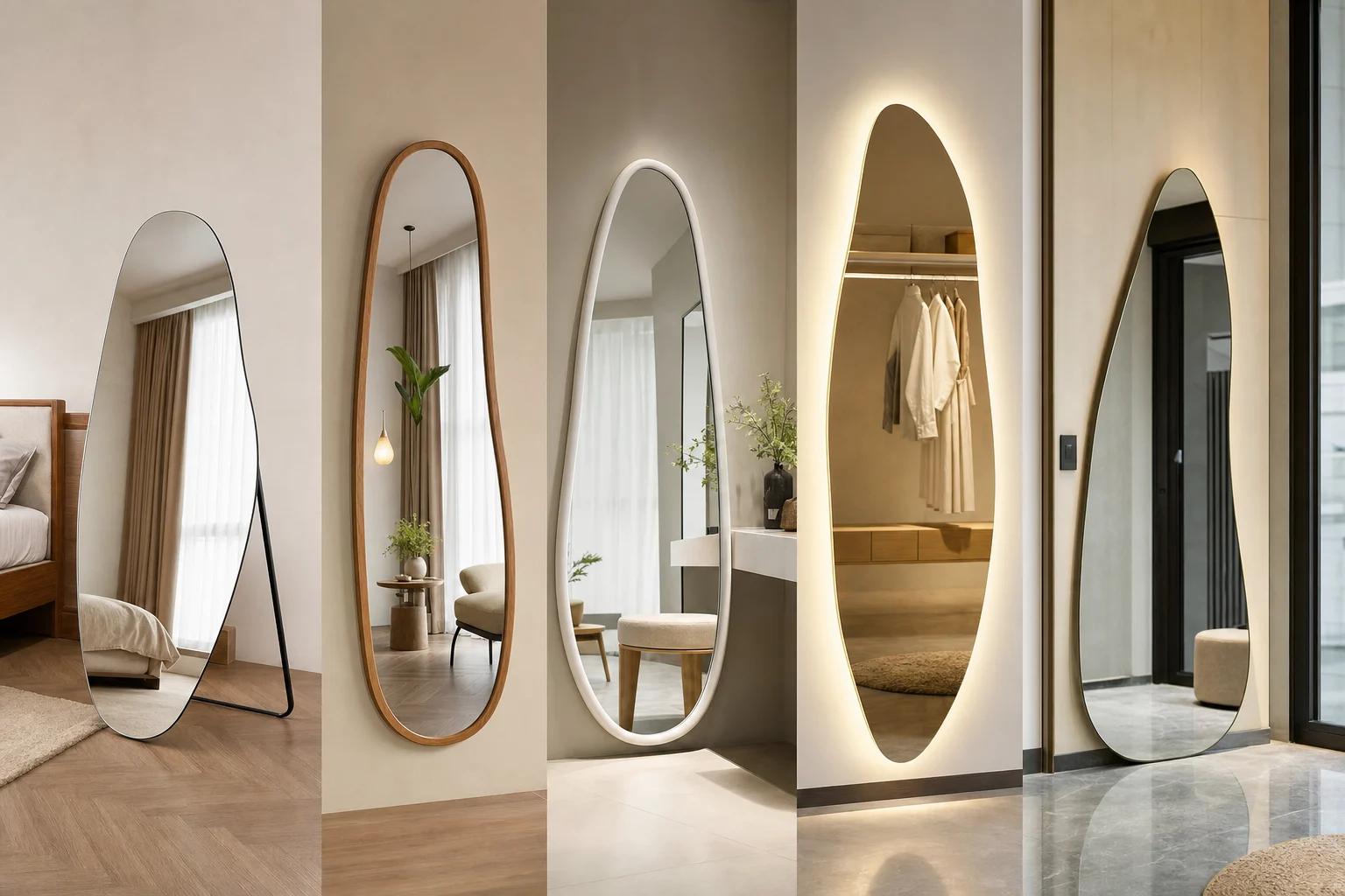 A realistic product lineup of pebble-shaped full-length mirrors in a contemporary mirror workshop showroom: one freestanding full-body pebble mirror with rear support leg, one with natural wood frame, one with matte white frame, one backlit LED pebble mirror glowing softly, and one sharper pointed-pebble variation. Arrange them in different suitable spaces within the same scene such as bedroom corner, dressing area, boutique-style wall, and modern apartment entryway. Show real mirror materials, polished edges, framed options, subtle wall mounting details, floor reflection, balanced ambient lighting, elegant Vietnamese urban interior style, slightly wide camera angle, photorealistic, no text, no logo, no brand, no identifiable people.