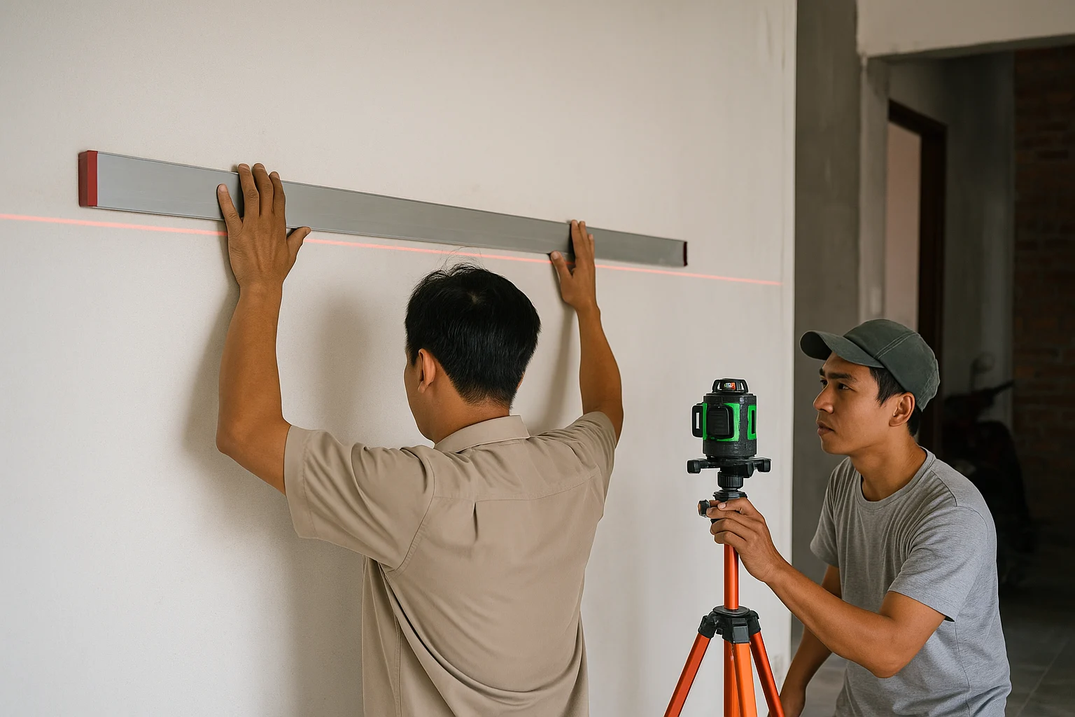 Gương Ghép Mảng Lớn: Chia Tấm Thế Nào, Xử Lý Mạch Ghép Và Giới Hạn Khổ Phôi 9 Người thợ áp thước nhôm dài lên bức tường trống để kiểm khe hở, một người khác dùng nivô và laser cân bằng chiếu đường thẳng ngang trên mặt tường, ánh sáng công trình rõ, thấy được điểm lõm và điểm đội qua khe sáng giữa thước và tường, bối cảnh chuẩn bị lắp mảng gương lớn