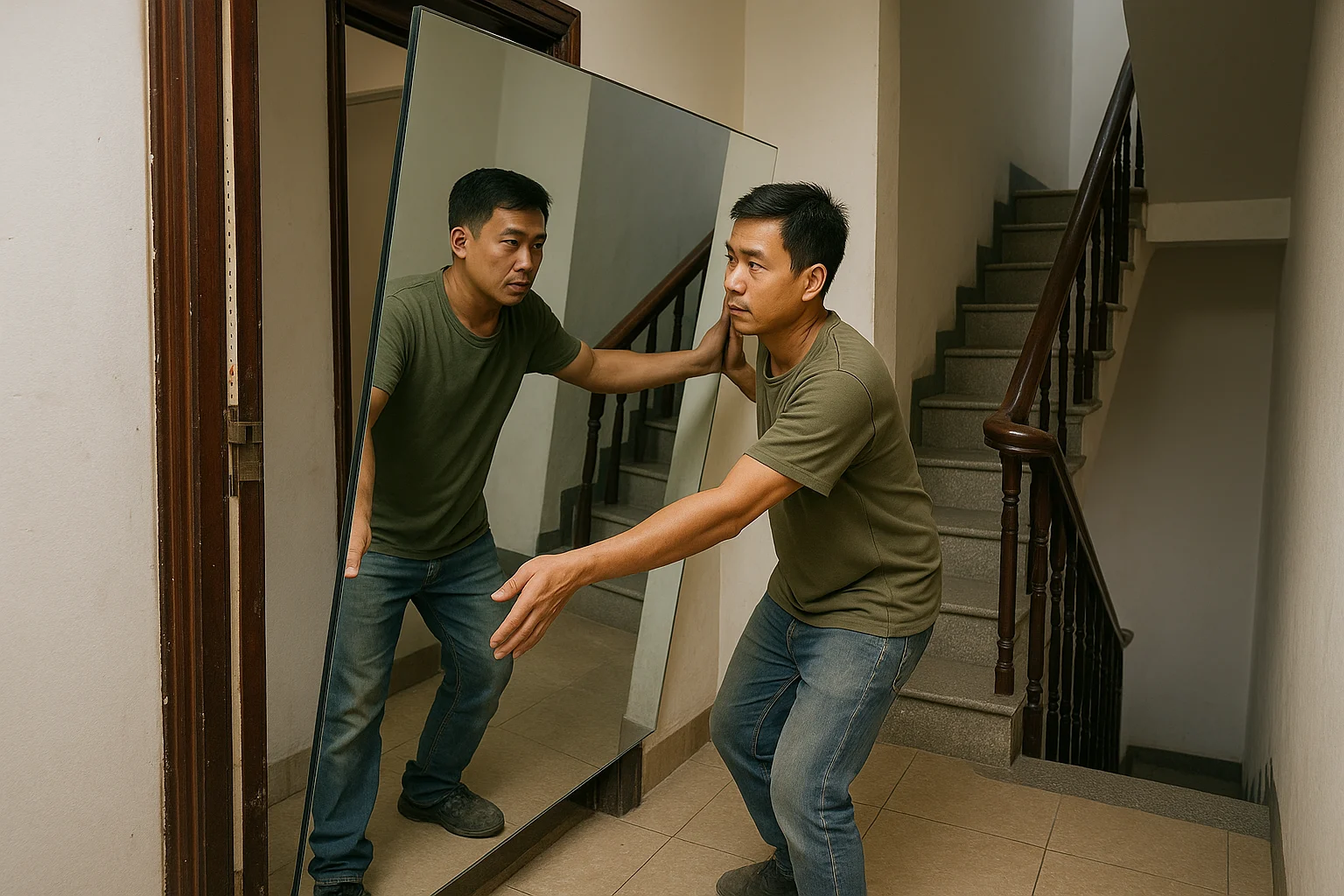 Gương Ghép Mảng Lớn: Chia Tấm Thế Nào, Xử Lý Mạch Ghép Và Giới Hạn Khổ Phôi 5 Cảnh thực tế tại công trình dân dụng, thợ đang thử đưa một tấm gương lớn qua cửa ra vào hẹp rồi xoay tại góc cua hành lang và chiếu nghỉ cầu thang, có thước đo dán ở mép cửa để thể hiện kích thước, không gian chật, ánh sáng tự nhiên, cho thấy rõ rủi ro tấm lớn không thể đi qua dù khổ phôi nhà máy vẫn cắt được