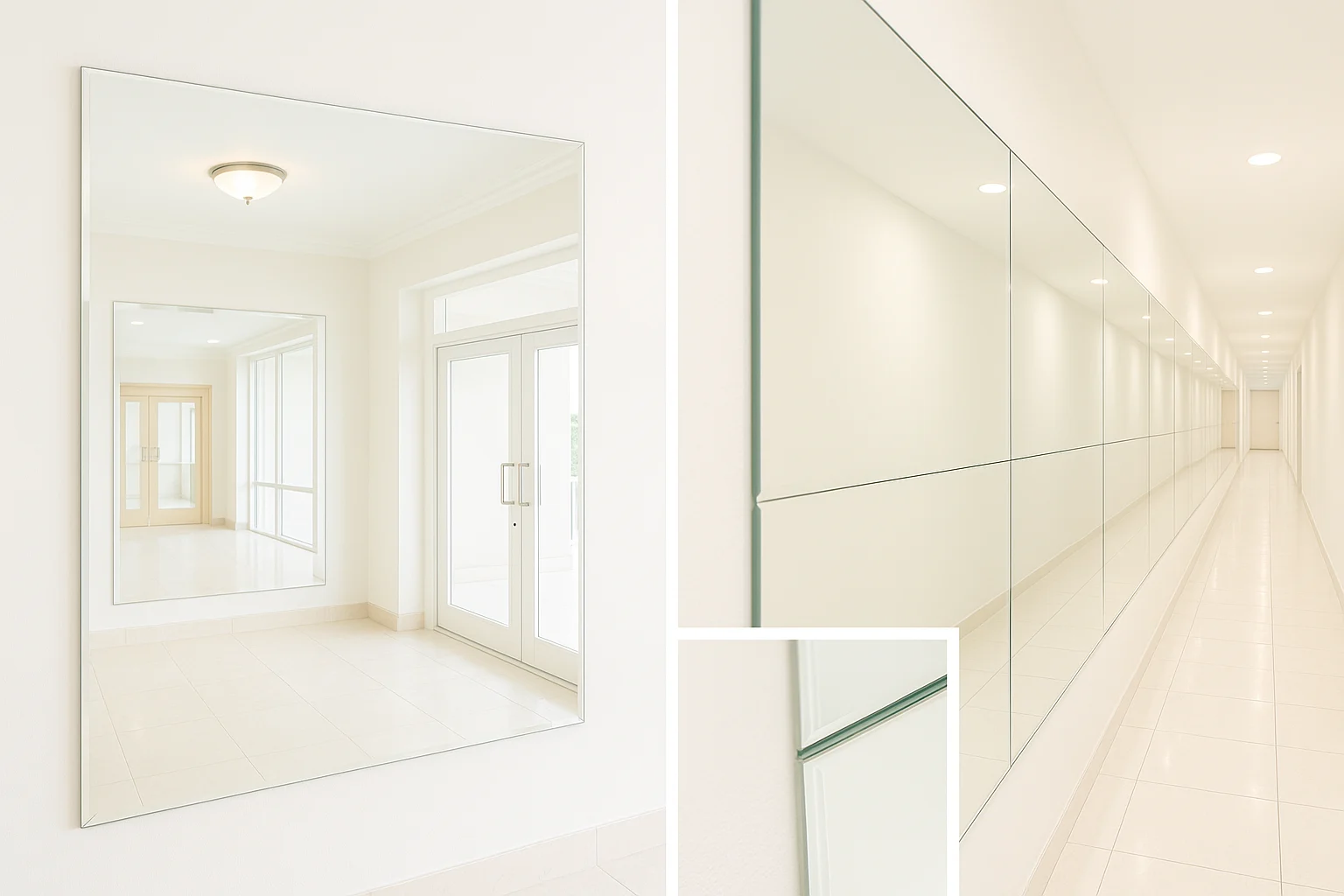 Ảnh chụp sáng rõ trong một sảnh và hành lang khách sạn thực tế, một mảng gương lớn ở sảnh nhìn chính diện và một dải gương dài ở hành lang nhìn chéo, thấy rõ phản xạ của trần, đèn, cửa và lối đi, có cận cảnh các đường mối ghép và mép gương được chụp như tài liệu kỹ thuật, ánh sáng trong nhà đều, sạch sẽ, không khí bình thường như ảnh hiện trường ban ngày