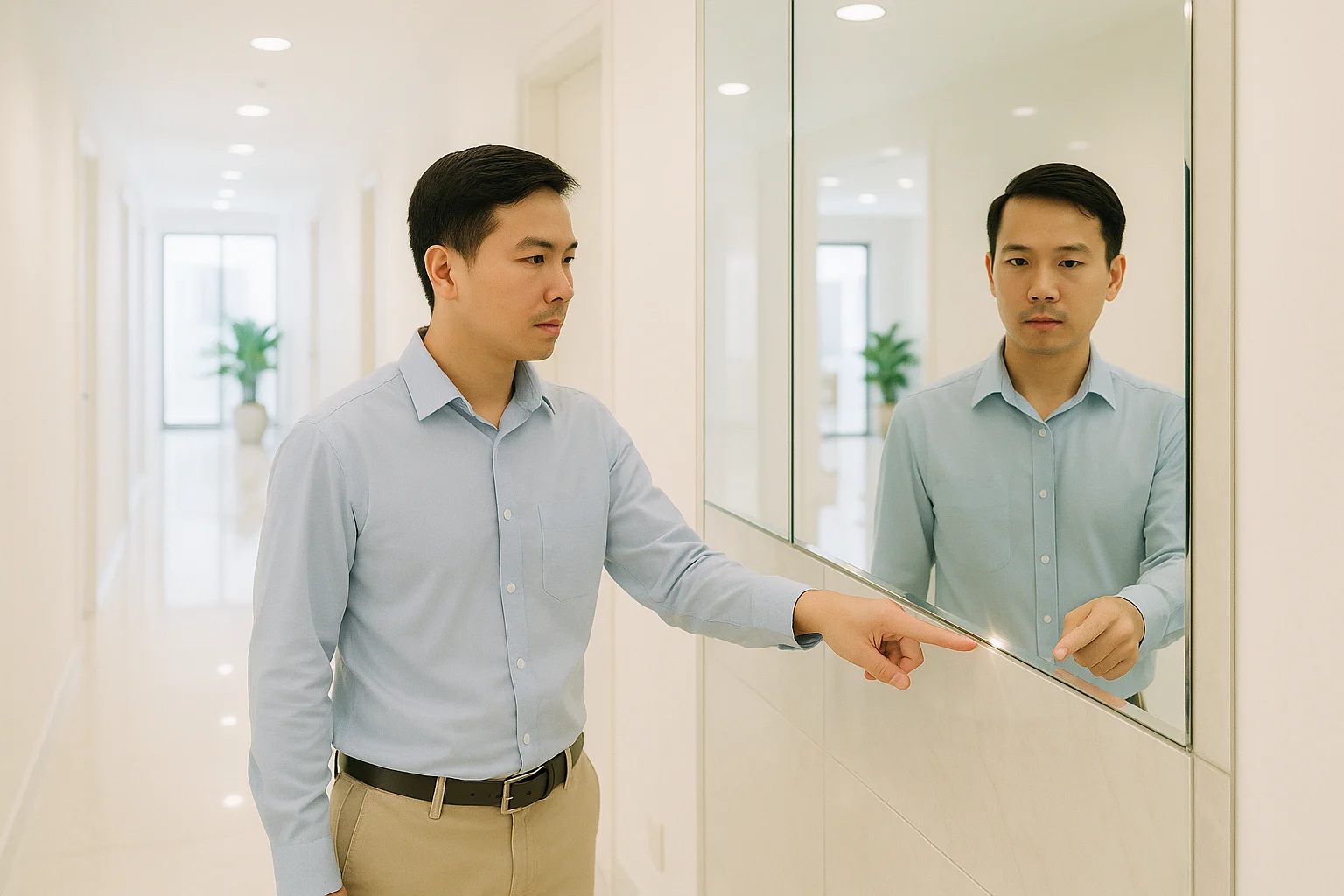 Ảnh sáng rõ một buổi kiểm tra mảng gương khu vực công cộng trong khách sạn, người kiểm tra đứng nhìn chéo dọc hành lang và nhìn chính diện ở sảnh, tay chỉ vào mép gương, khe mạch và phản xạ đèn trên bề mặt, bối cảnh sạch sẽ, ánh sáng trong nhà đều, mang tính tài liệu kỹ thuật chứ không dàn dựng quảng cáo