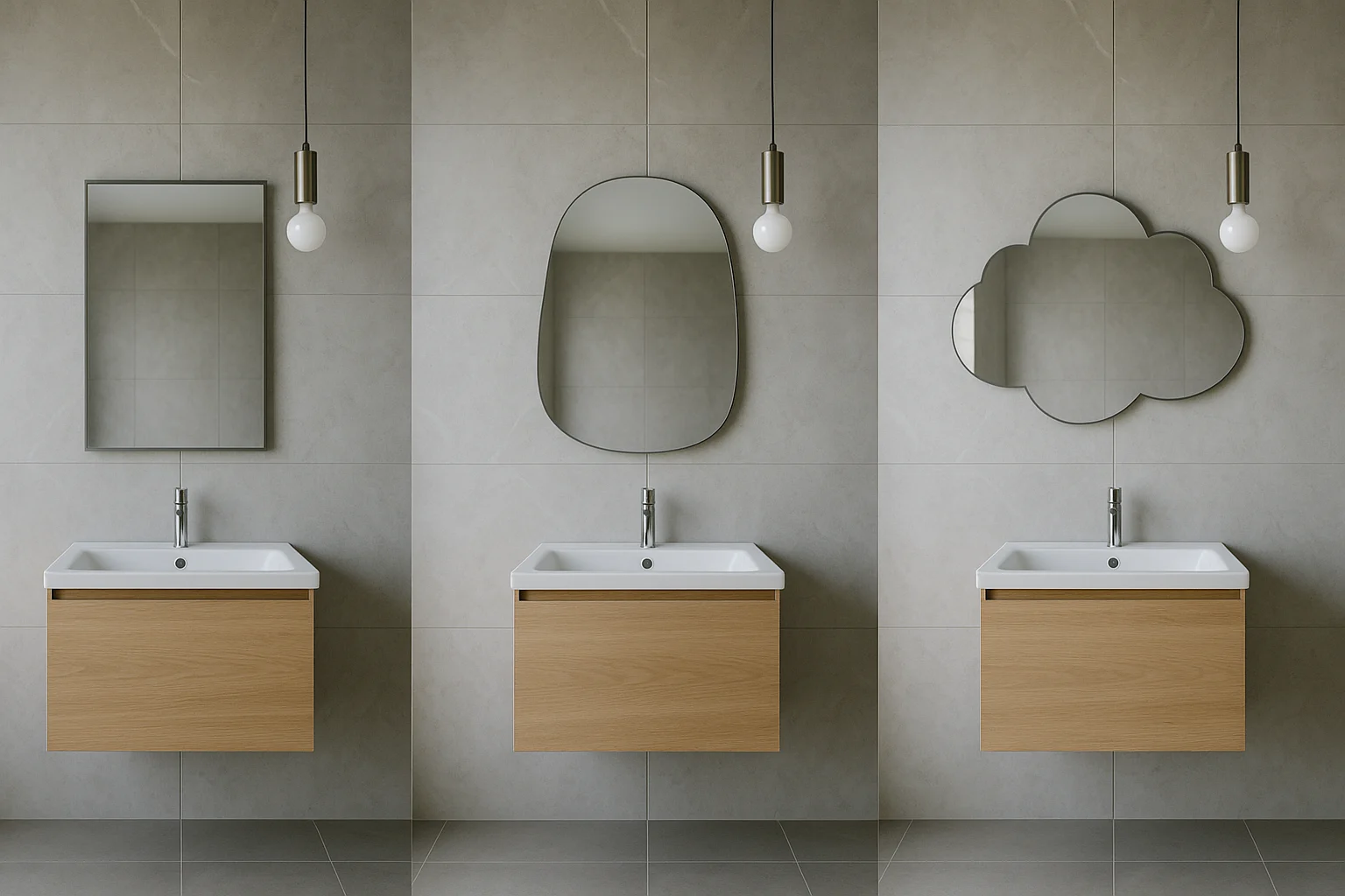 Một mảng tường phòng tắm thực tế chụp chính diện với tủ lavabo treo tường, cửa phẳng, gạch ốp khổ lớn và đèn treo; cùng một vị trí gương được thay bằng ba phương án khác nhau trong ba khung liền nhau: gương chữ nhật, gương hình sỏi và gương đám mây; bố cục giữ nguyên để thấy nhịp thị giác thay đổi, ánh sáng trung tính, vật liệu chân thực, không gian hiện đại nhưng giản dị