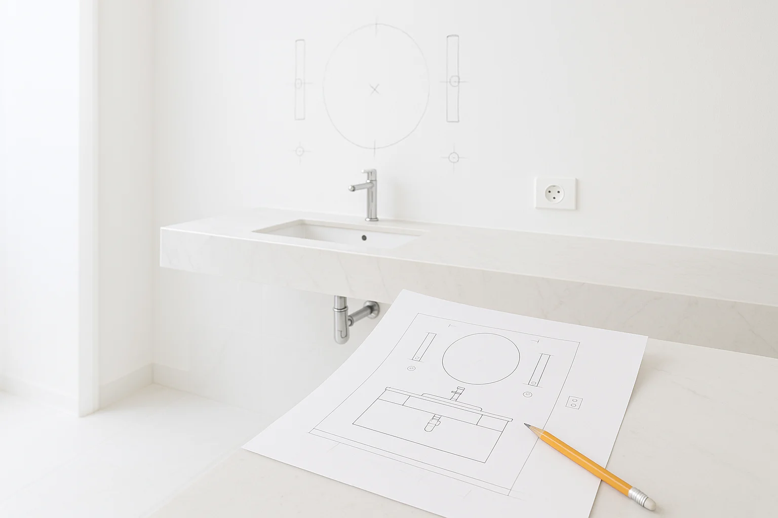 Gương Lavabo Khách Sạn: Làm Đồng Bộ Cho Cả Dãy Phòng 2 Ảnh chụp sáng rõ một bản vẽ kỹ thuật in trên giấy đặt cạnh bức tường lavabo đang hoàn thiện, có đánh dấu tim chậu, tim gương, vị trí đèn trên gương, đèn hắt hai bên và ổ cắm máy sấy, bút chì khoanh các lỗ khoan, bối cảnh công trình sạch sẽ, ánh sáng tự nhiên, mang cảm giác kiểm tra bản vẽ thực tế