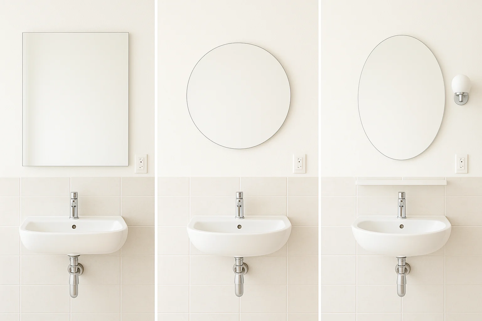 Gương Lavabo Lệch Tâm Chậu: Xử Lý Cho Nhà Ở Và Buồng Phòng 2 Ảnh ghép sáng rõ của cùng một bức tường phòng tắm với một lavabo cố định bên dưới, thể hiện ba phương án xử lý gương lệch tâm: phương án gương rộng hơn chậu để phủ vùng soi, phương án gương tròn lavabo và gương oval lavabo để giảm cảm giác lệch trục, và phương án bố cục bất đối xứng có chủ đích với đèn gắn tường hoặc kệ treo ở phía đối diện; có ổ điện cạnh gương lavabo và mép gạch để thấy bối cảnh thi công thật, ánh sáng đều, sạch sẽ, không kiểu ảnh quảng cáo