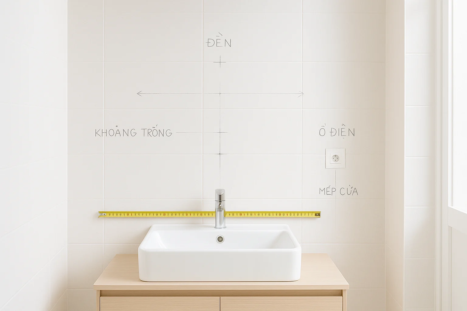 Gương Lavabo Lệch Tâm Chậu: Xử Lý Cho Nhà Ở Và Buồng Phòng 1 Ảnh chụp sáng và rõ một bức tường phòng tắm đang đo đạc trước khi đặt gương, có lavabo bên dưới, thước dây đặt ngang theo bề rộng chậu, dấu bút chì chỉ tâm chậu và tâm gương dự kiến trên tường, ghi chú vị trí ổ điện, đèn gắn tường, mép cửa và khoảng tường trống hai bên; khung cảnh thực tế, bình thường, giống ảnh kỹ thuật gửi xưởng gia công
