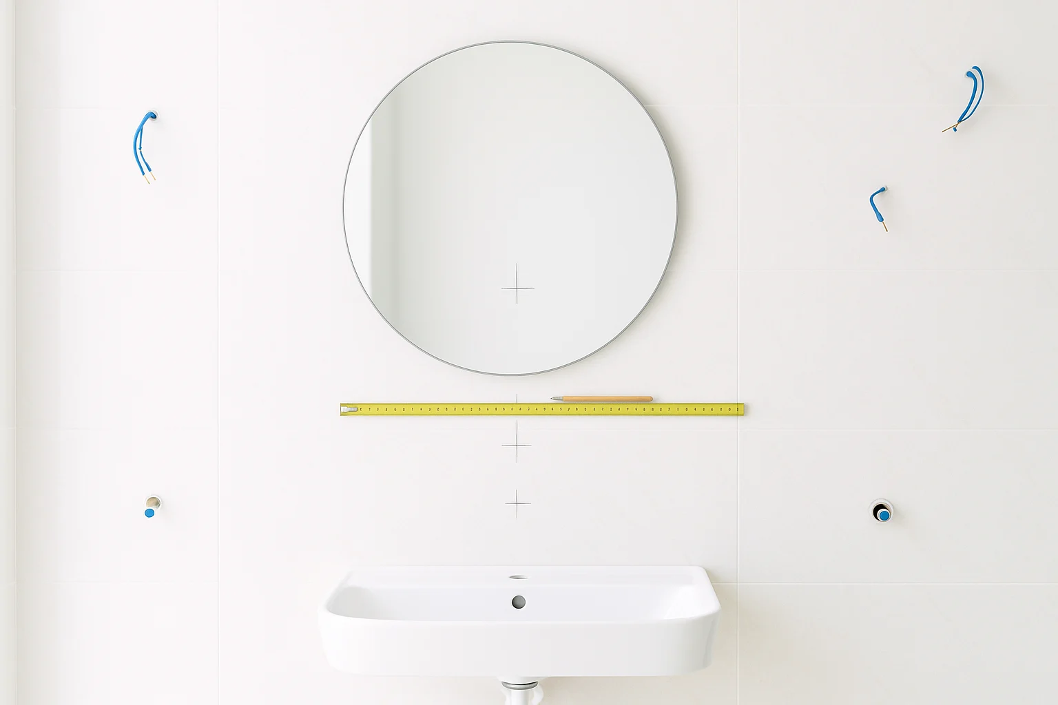 Ảnh tài liệu kỹ thuật chụp một mảng tường lavabo khách sạn đang hoàn thiện sáng rõ, trên tường có điểm dây chờ điện đi ra, thước đo và bút đánh dấu tim gương, cao độ và trục chậu rửa, một điểm dây khác bị lệch sang bên để minh họa lỗi, bề mặt ốp sáng sạch, không có khung cảnh nguy hiểm