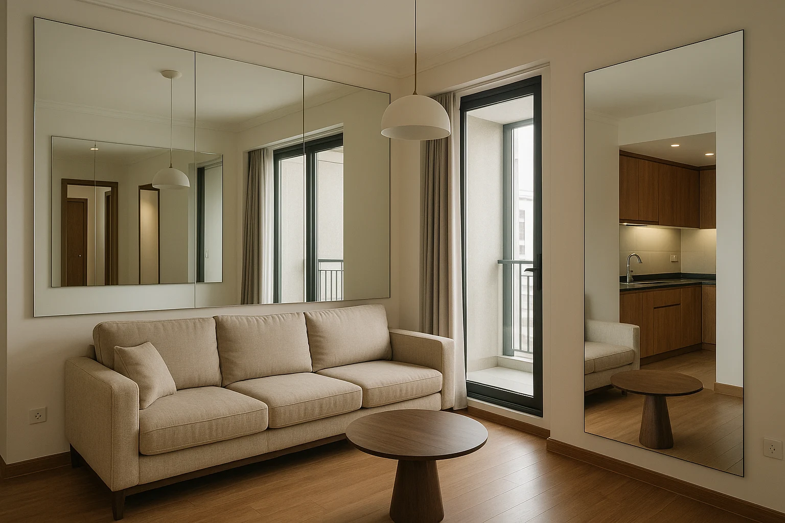 Mặt bằng phòng khách căn hộ với bốn vị trí đặt gương thực tế: sau sofa, đối diện sofa, cạnh cửa sổ và trên vách ngăn bếp–khách, mỗi vị trí có mảng gương lớn trên tường, các tia phản chiếu thể hiện hình ảnh trả về như cửa sổ, khu bếp, hành lang và đèn trần, phong cách minh họa kiến trúc chân thực, vật liệu nội thất rõ ràng