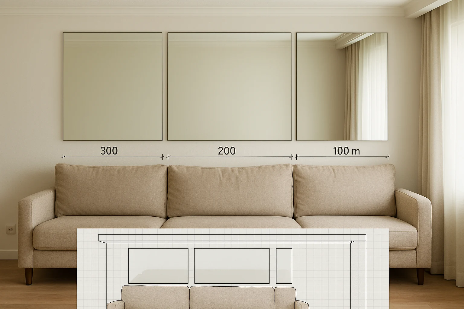 Mặt đứng phòng khách với sofa áp tường, phía trên là mảng gương lớn ở ba cao độ khác nhau để so sánh, thấy rõ khoảng hở với lưng sofa, phào chân tường, trần thả và khe rèm, có thước đo milimét trên bản vẽ kết hợp hình ảnh thực tế, nhấn mạnh mép dưới dễ bẩn và dễ va khi quá sát sàn