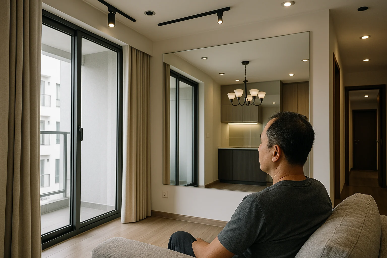 Phòng khách căn hộ hiện đại nhìn từ góc ngồi trên sofa, một người đang ngồi và nhìn về các mảng tường khác nhau để kiểm tra hướng phản chiếu của gương, thấy rõ cửa sổ, đèn chùm, đèn rọi trần, vách ngăn bếp–khách và hành lang, phong cách thực tế công trình dân dụng, ánh sáng tự nhiên pha đèn nội thất, bố cục nhấn mạnh việc quan sát hình ảnh gương sẽ trả về từ vị trí sử dụng thật