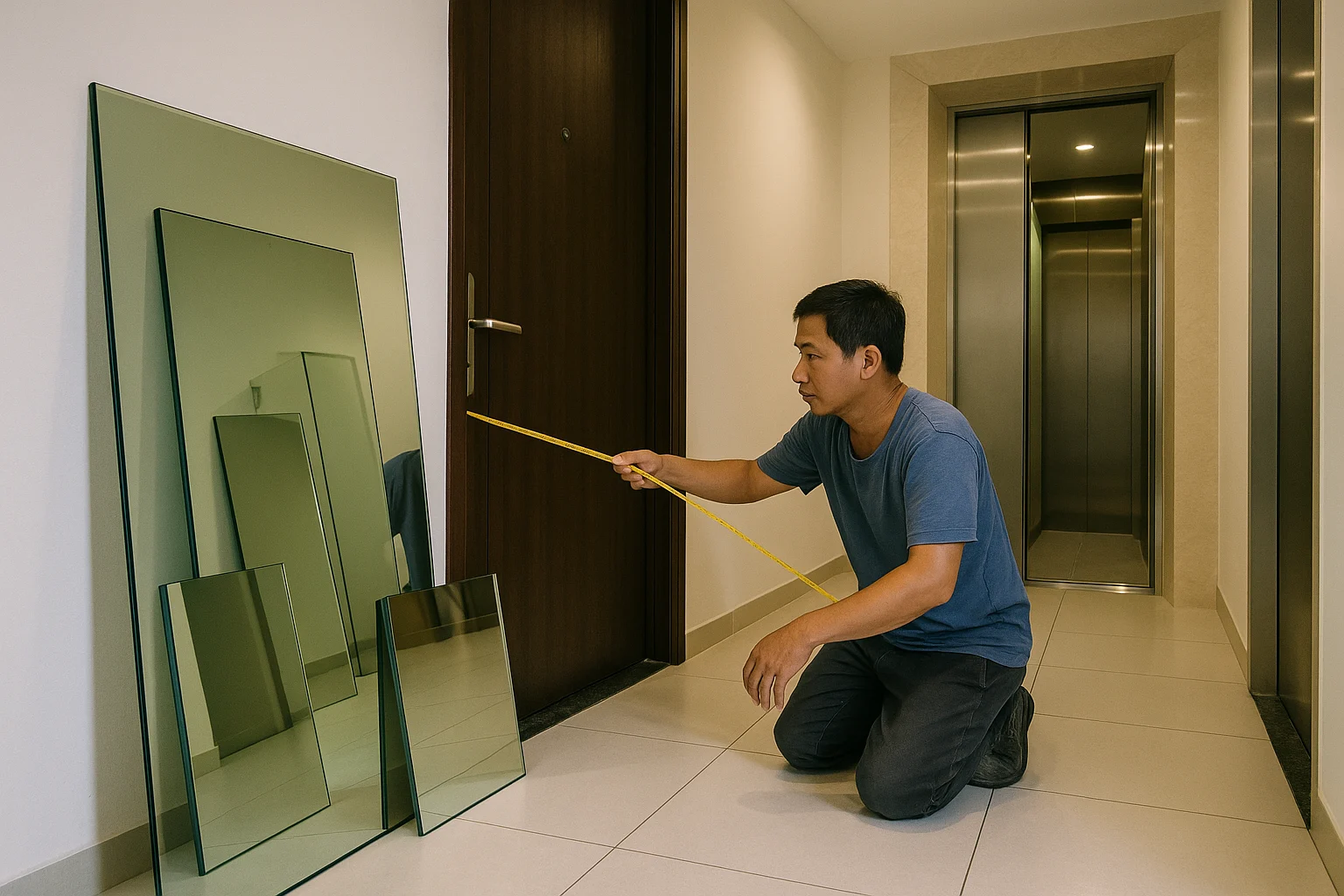 Người thợ đo lối vận chuyển gương trong căn hộ thực tế, đang đo cửa chính, hành lang căn hộ, góc cua và cabin thang máy bằng thước dây, bên cạnh là một tấm gương khổ lớn và các tấm gương chia nhỏ hơn, bối cảnh nhà chung cư tại TP.HCM, thể hiện rõ giới hạn vận chuyển và quyết định chia mảng