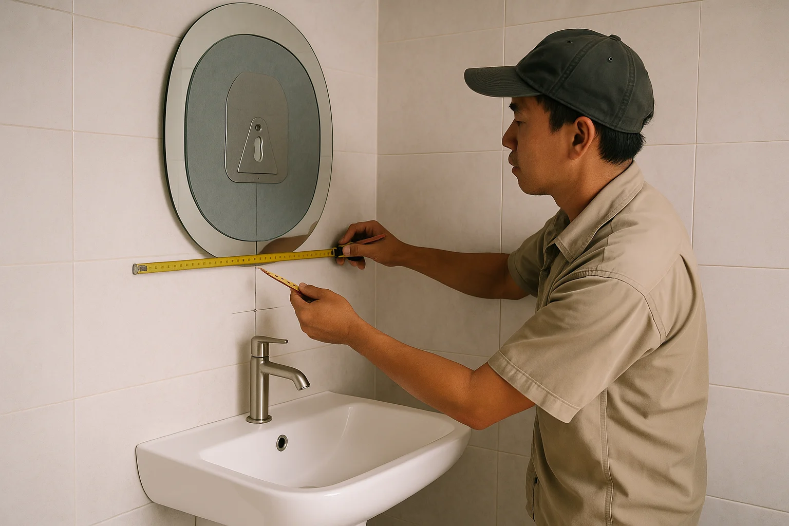 Người thợ đang dùng thước dây, nivô và bút chì để xác định tâm treo một gương oval trên tường phòng tắm phía trên lavabo, có đường kẻ trục dọc đi qua tâm vòi nước và tâm chậu, gương chưa treo hẳn để lộ mặt sau với pát treo, ánh sáng rõ, bối cảnh thực tế thi công gọn gàng