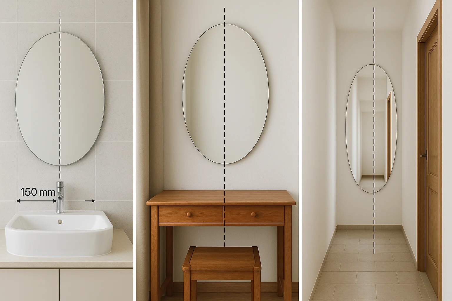 Ba bối cảnh nội thất thực tế đặt cạnh nhau: một gương lavabo oval phía trên chậu rửa, một gương bàn phấn oval phía trên bàn trang điểm, và một gương đứng oval trong hành lang hẹp, mỗi gương đều có đường trục giữa và số đo milimet minh họa khoảng thở hai bên, phong cách chụp kỹ thuật rõ ràng, ánh sáng trung tính, tập trung vào tỷ lệ gương với mảng tường