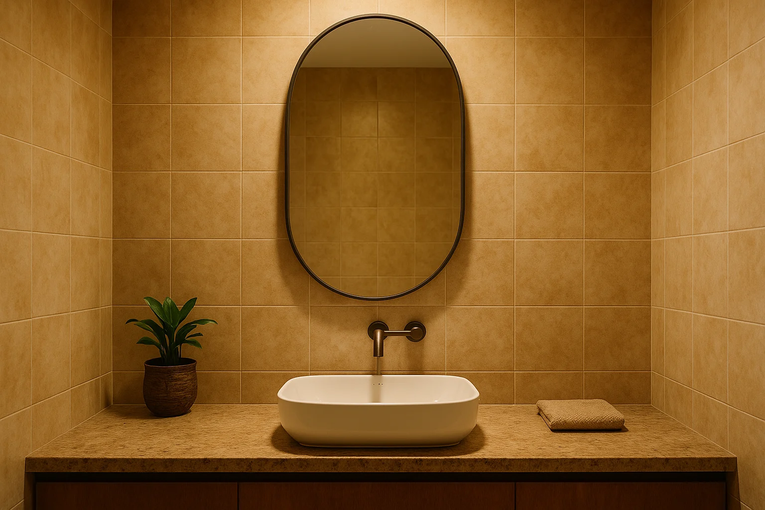 Gương oval treo trên lavabo, trục ngắn nằm gọn trong bề rộng mặt bàn