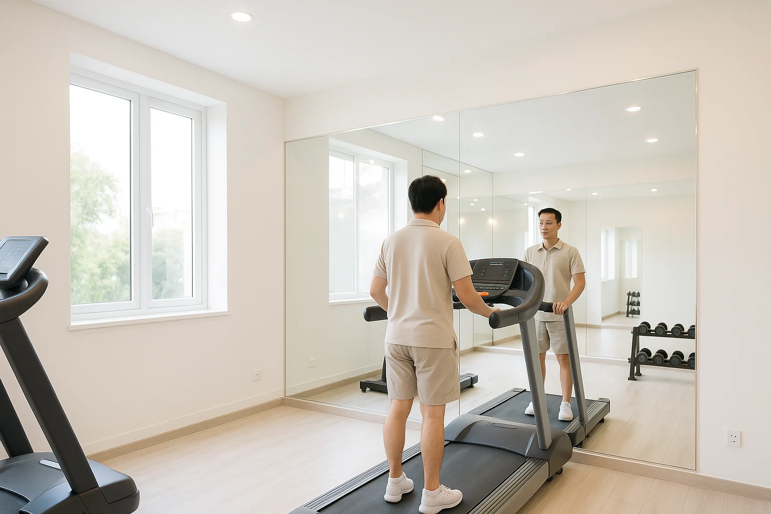 Gương Phòng Gym Khách Sạn, Resort: Nhận Đo Và Lắp 2 Ảnh chụp sáng rõ trong phòng tập khách sạn có mảng gương lớn đối diện cửa sổ, một người đứng ở vị trí máy chạy bộ nhìn vào gương để kiểm tra phản chiếu chói, ánh sáng ban ngày phản xạ trên bề mặt gương, đèn trần bật, khung cảnh sạch sẽ và thực tế như ảnh khảo sát vận hành trước bàn giao