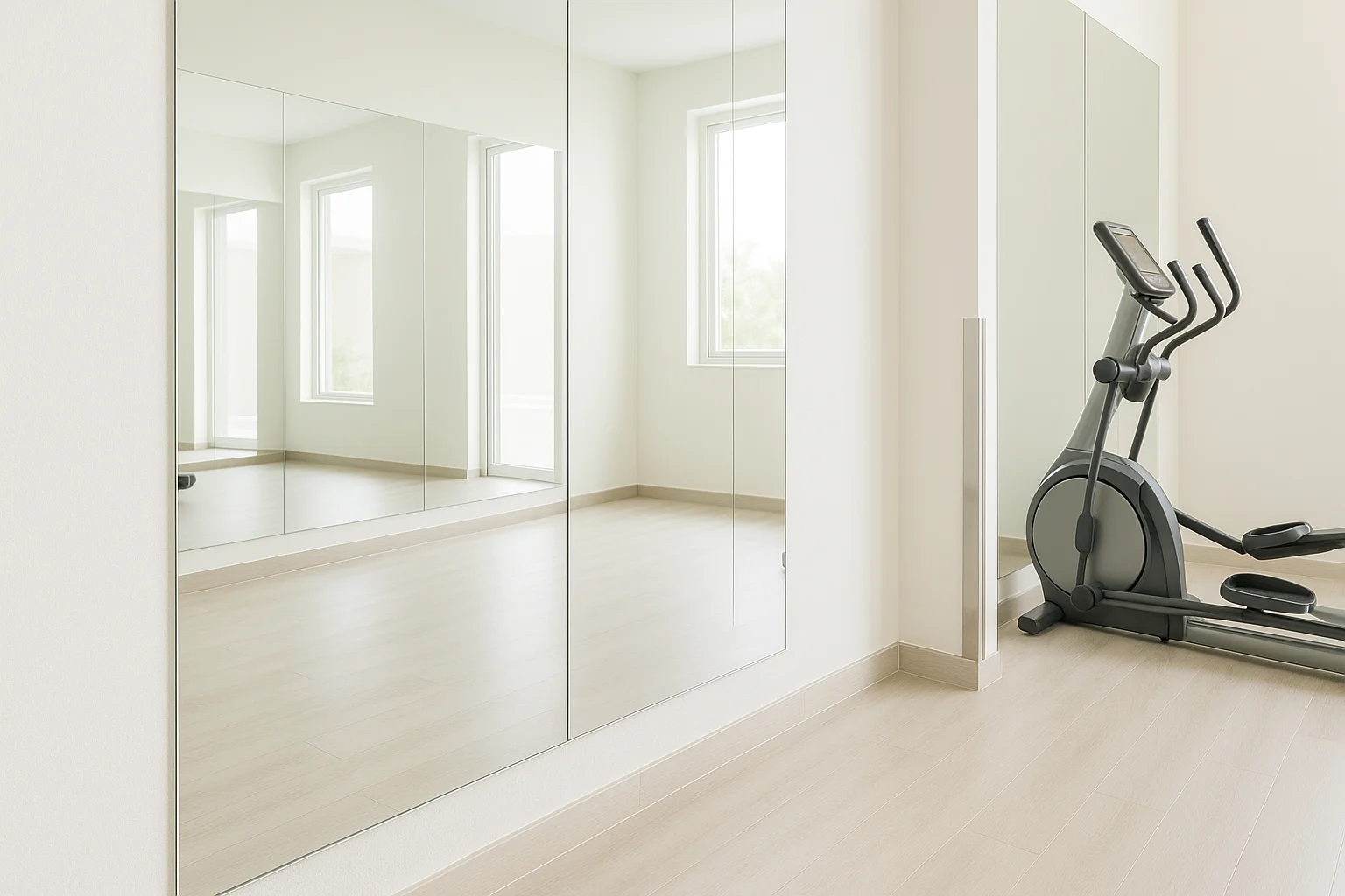 Gương Phòng Gym Khách Sạn, Resort: Nhận Đo Và Lắp 1 Ảnh chụp sáng rõ một mảng gương trong phòng gym resort, thể hiện rõ mép dưới gương lùi khỏi sàn, khe nhỏ phía trên len chân tường, các mạch ghép module thẳng hàng, một góc khác có nẹp bảo vệ ở lối đi hẹp gần máy tập, chi tiết mài cạnh nhìn rõ, bối cảnh sạch sẽ và thực tế như ảnh nghiệm thu công trình