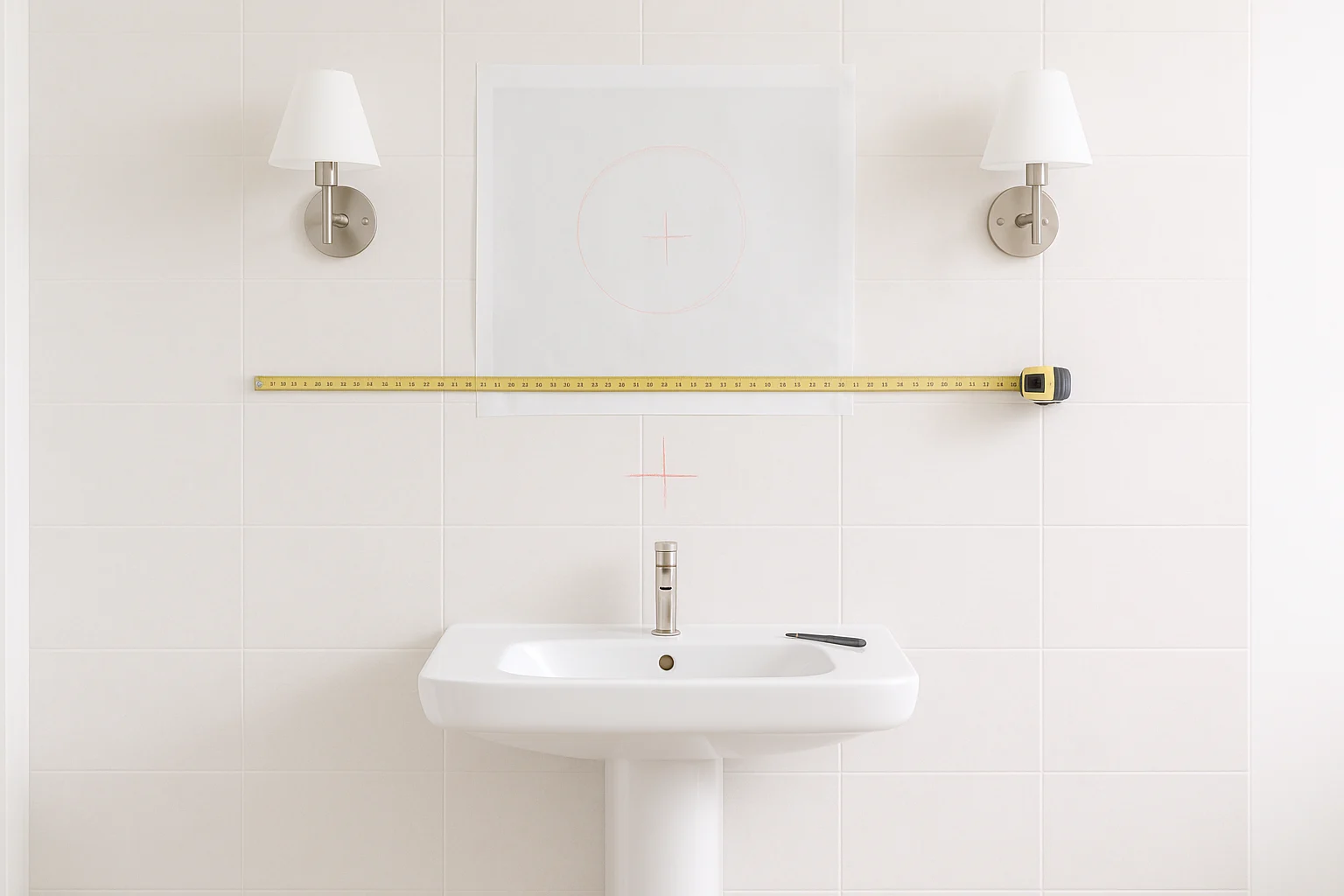 Ảnh chụp sáng rõ một mảng tường phòng tắm đã ốp lát hoàn thiện, có lavabo đặt giữa, hai đèn tường hai bên và thước dây đang đo chiều rộng mảng tường, đồng thời có bút dấu tim lavabo và tim đèn trên lớp bảo vệ. Khung cảnh gọn gàng như ảnh kỹ thuật đo hiện trạng, nhìn rõ mép gạch, khoảng chừa phụ kiện và vị trí dự kiến của gương.