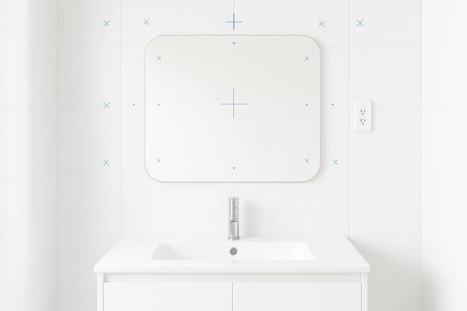 Ảnh tài liệu kỹ thuật chụp trực diện một vách lavabo phòng tắm sáng đều, trên tường có đánh dấu tim lavabo, tim đèn, vị trí ổ chờ điện và các điểm khoan lỗ cho gương. Một tấm gương mẫu đang đặt thử trước tường để kiểm mép và lỗ chờ, nhìn rõ khoảng cách tới phụ kiện và mép gạch ốp, giống ảnh dùng để rà bản vẽ trước khi gia công.