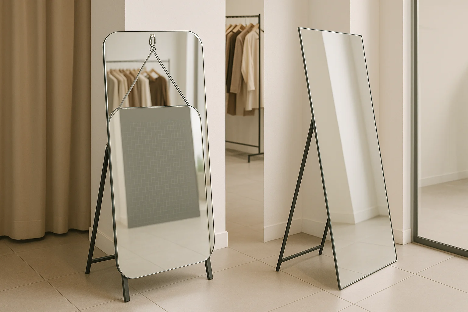 Cận cảnh nhiều kiểu hoàn thiện gương trong showroom thời trang: mép gương được mài cạnh và bo góc, mặt sau có phim an toàn, chân đỡ chắc chắn, dây hoặc pát neo chống lật vào tường. Bên cạnh là tình huống đối lập với một gương dựa tường không neo, mép sắc gần lối đi và chân gương dễ bị va. Ảnh mang tính hướng dẫn an toàn lắp đặt thực tế.
